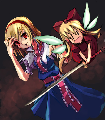 shimadoriru, alice margatroid, shanghai doll, touhou, lowres, 2girls, black background, blonde hair, doll, female focus, gradient background, holding, holding sword, holding weapon, multiple girls, necktie, red eyes, red necktie, solo, standing, sword, weapon, wings