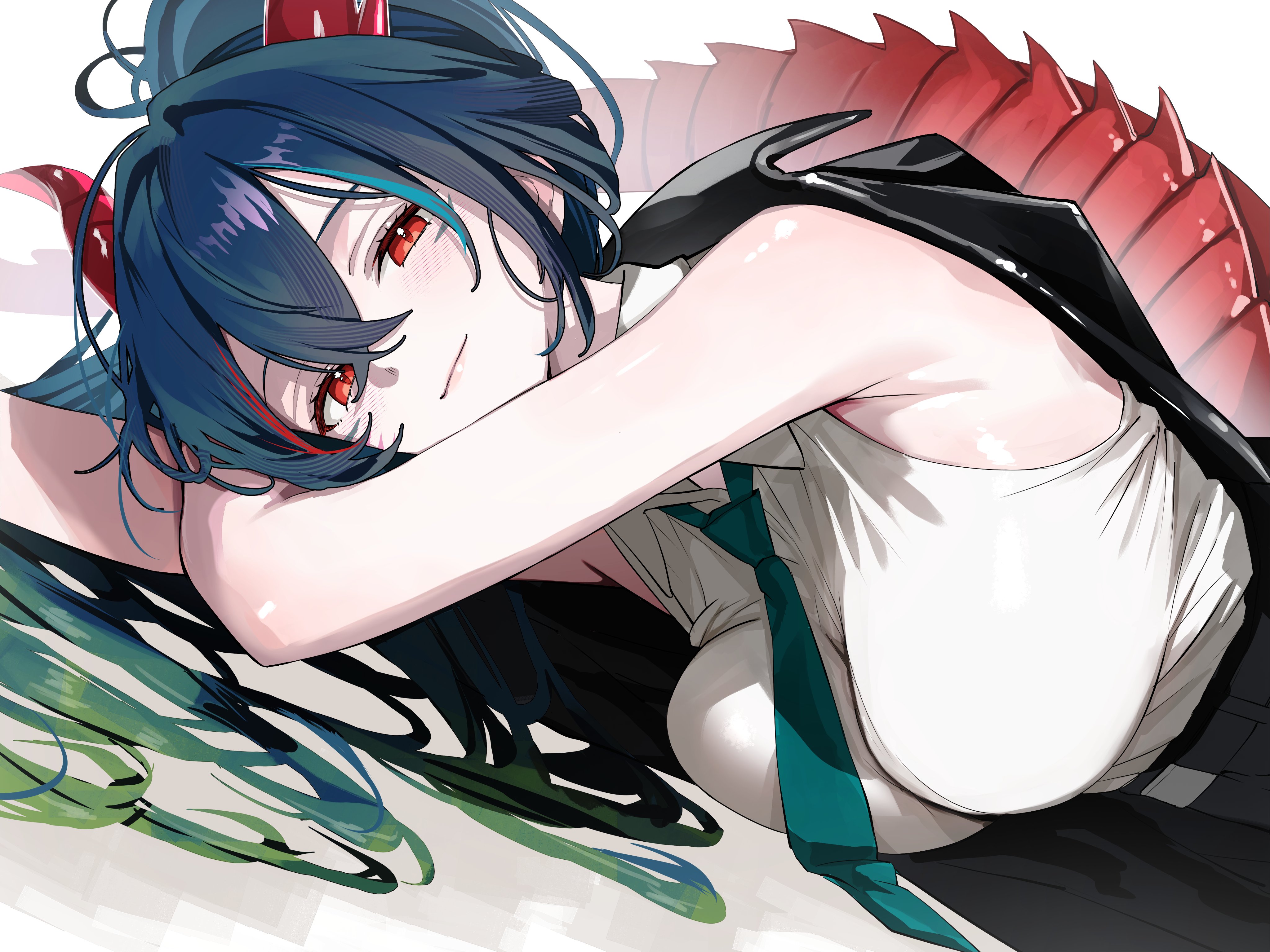 yamai yurika, original, absurdres, check copyright, copyright request, highres, 1girl, armpits, bare arms, bare shoulders, black jacket, blue hair, breasts, closed mouth, collared shirt, dragon horns, dragon tail, gradient hair, green hair, green necktie, horns, jacket, jacket on shoulders, large breasts, long hair, looking at viewer, lying, multicolored hair, necktie, on side, ponytail, red eyes, shirt, sleeveless, sleeveless shirt, smile, solo, tail, white shirt