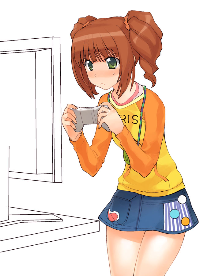 a1 (initial-g), takatsuki yayoi, idolmaster, idolmaster (classic), idolmaster 1, 00s, brown hair, green eyes, playing games, raglan sleeves, skirt, solo, twintails, video game