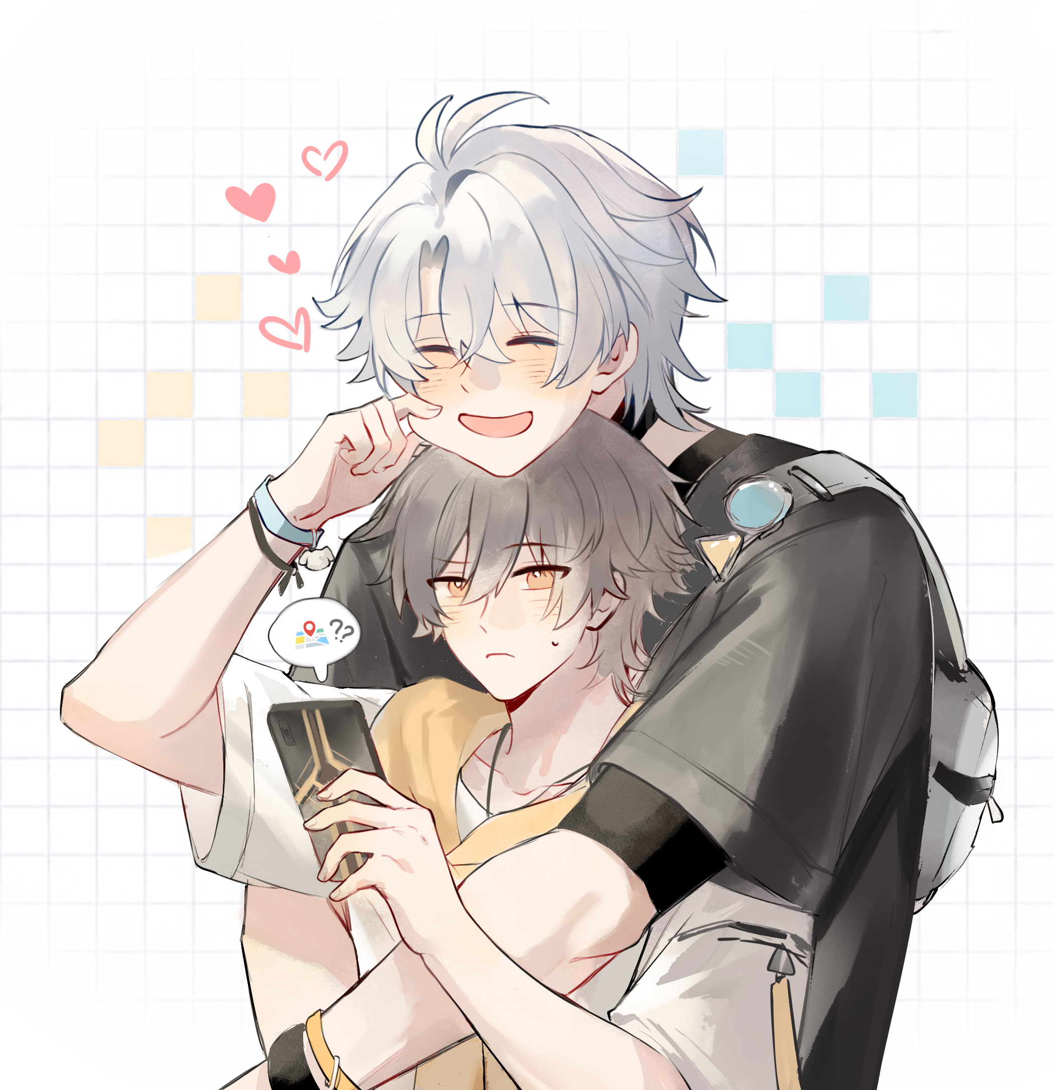 leonrui, caelus (honkai: star rail), phainon (honkai: star rail), trailblazer (honkai: star rail), honkai: star rail, honkai (series), chinese commentary, commentary request, highres, 2boys, alternate costume, antenna hair, backpack, bag, black choker, black shirt, blush, bracelet, cellphone, charm (object), checkered background, choker, closed eyes, closed mouth, collarbone, crossed bangs, fingernails, grey hair, hair between eyes, hands up, heart, holding, holding phone, jewelry, looking at another, looking up, male focus, multiple boys, open mouth, phone, scarf, shirt, short hair, short sleeves, smartphone, smile, speech bubble, sweatdrop, t-shirt, upper body, white background, white shirt, yaoi, yellow eyes, yellow scarf