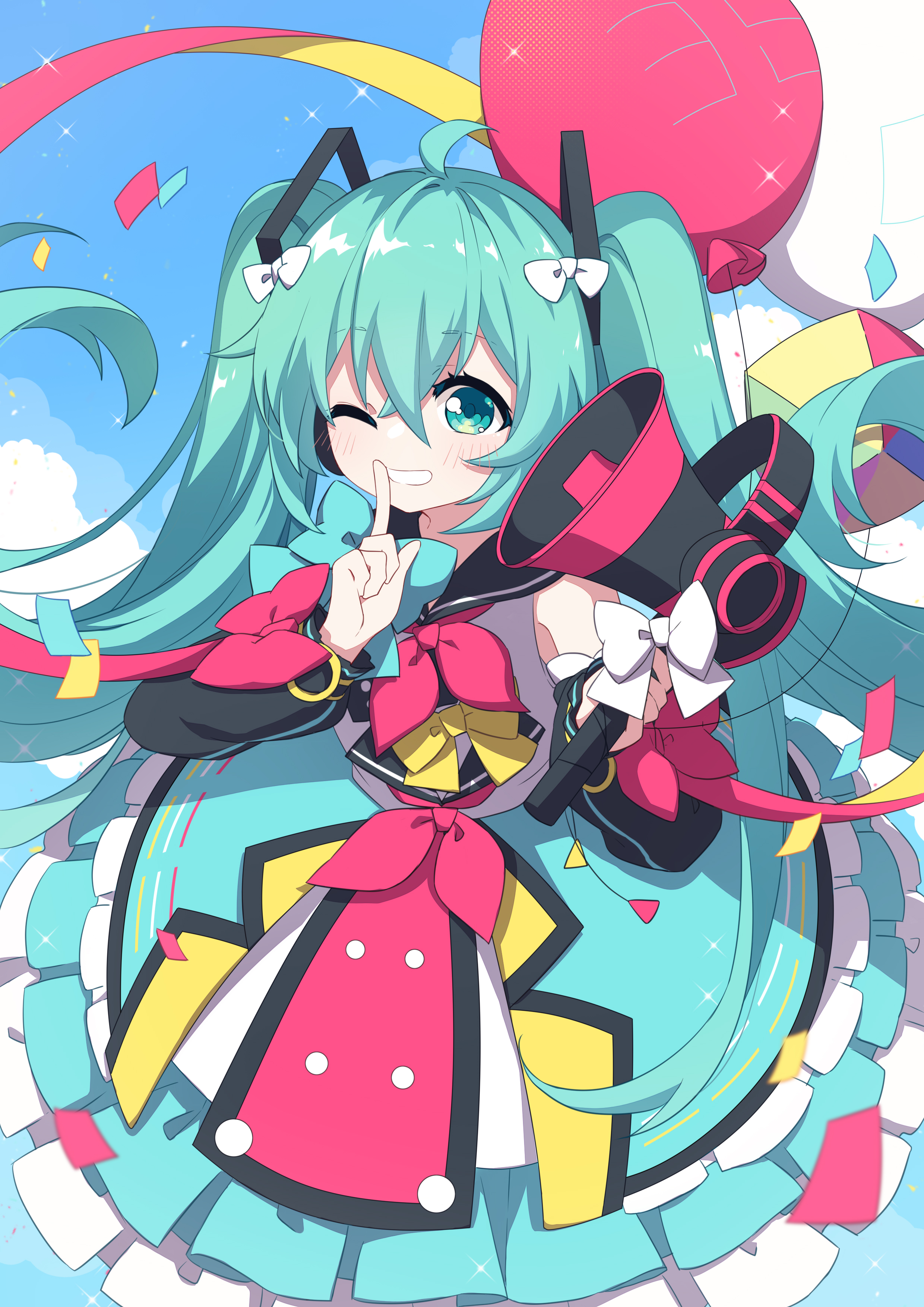 lizi, hatsune miku, magical mirai miku, magical mirai miku (2018), magical mirai (vocaloid), vocaloid, absurdres, commentary, highres, 1girl, 39, ahoge, aqua bow, aqua bowtie, aqua eyes, aqua hair, blush, bow, bowtie, dress, hair ornament, holding, holding megaphone, index finger raised, long hair, megaphone, official alternate costume, official alternate hairstyle, one eye closed, open mouth, pink bow, pink bowtie, sleeveless, sleeveless dress, smile, solo, twintails, very long hair