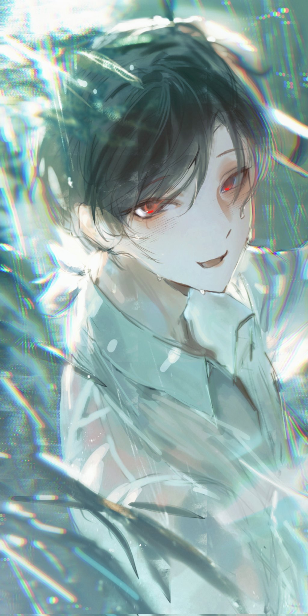 call1224, ooe (game), highres, 1boy, ariake (ooe), black hair, blush, collared shirt, looking at viewer, male focus, open mouth, rain, red eyes, shirt, short hair, smile, solo, upper body, wet, wet clothes, white shirt