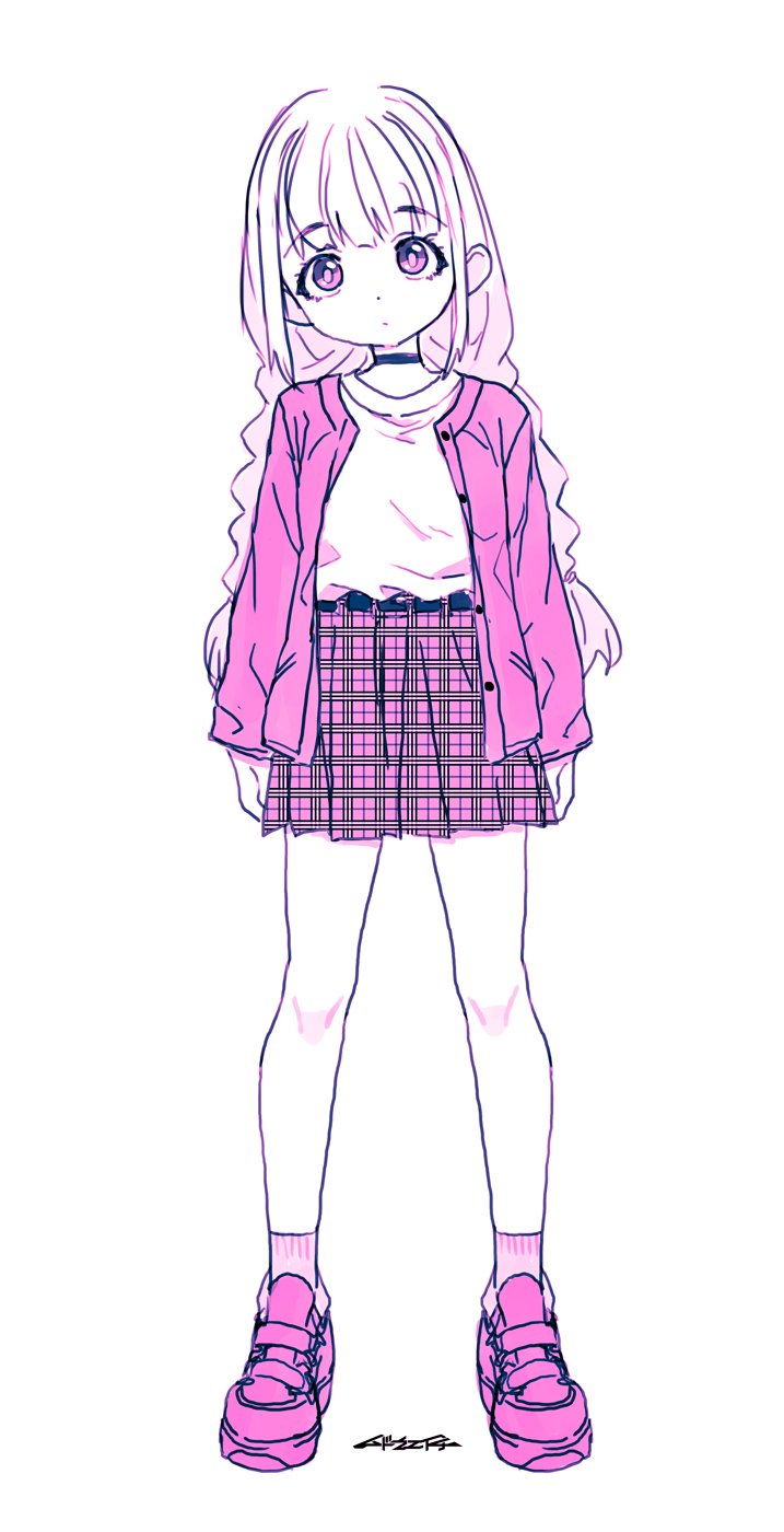 mudou eichi, original, highres, 1girl, choker, jacket, long hair, looking at viewer, low twintails, patterned clothing, pink eyes, shirt, shoes, skirt, sneakers, socks, solo, twintails, white background, white hair