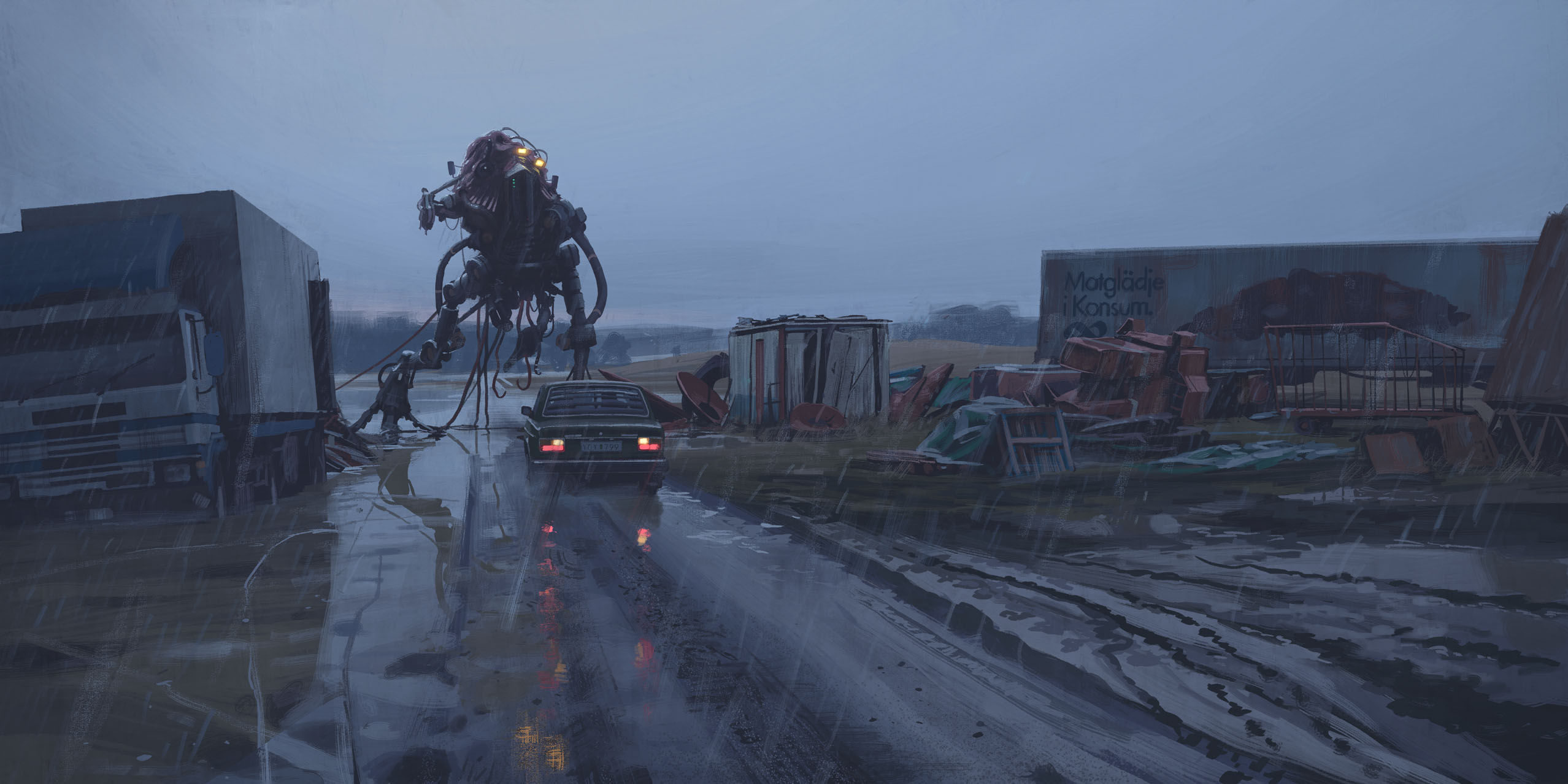 simon stalenhag, highres, cable, car, cargo pallet, horror (theme), motor vehicle, mud, no humans, non-humanoid robot, outdoors, rain, road, robot, science fiction, shipping container, sky, things from the flood, truck, water