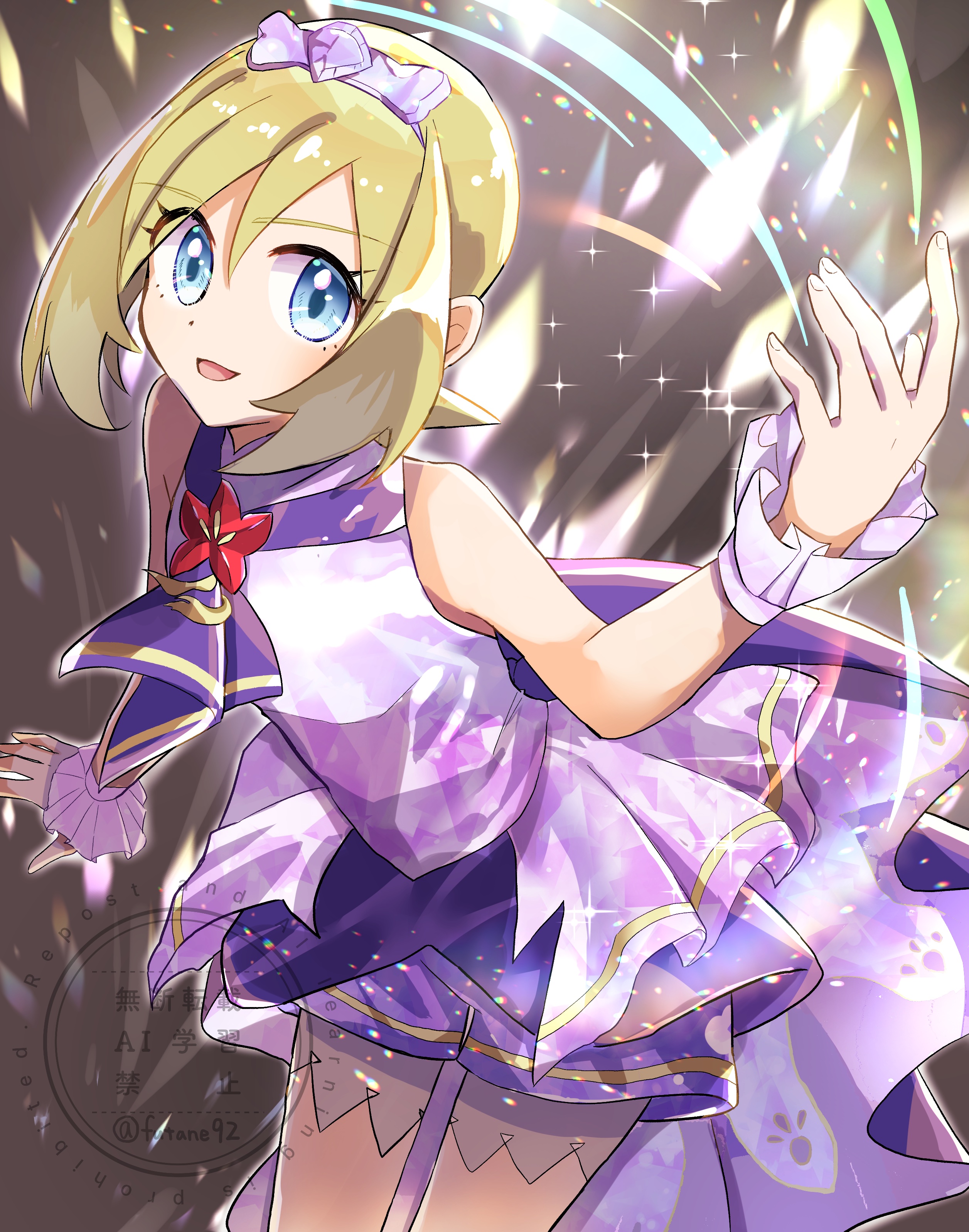 kazune (kazukana09), irida (anniversary 2025) (pokemon), irida (pokemon), nintendo, pokemon, pokemon masters ex, absurdres, highres, 1girl, blonde hair, breasts, dress, hair between eyes, headband, looking at viewer, neckerchief, official alternate costume, open mouth, purple dress, purple headband, purple neckerchief, purple shorts, purple wrist cuffs, short hair, shorts, shorts under dress, sleeveless, sleeveless dress, smile, wrist cuffs