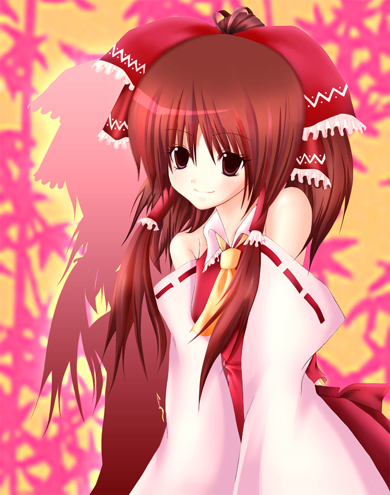 nonoko, yuuka nonoko, hakurei reimu, touhou, 1girl, brown eyes, brown hair, detached sleeves, female focus, hair tubes, smile, solo
