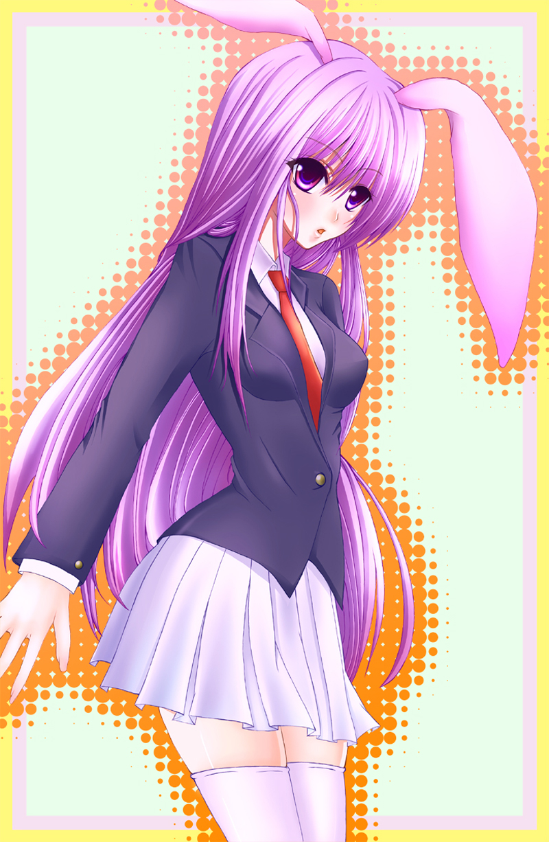 nonoko, yuuka nonoko, reisen udongein inaba, touhou, light purple hair, highres, 1girl, animal ears, blazer, breasts, female focus, halftone, halftone background, jacket, long hair, pleated skirt, rabbit ears, skirt, solo, thighhighs, white thighhighs
