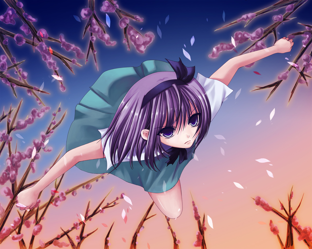 nonoko, yuuka nonoko, konpaku youmu, touhou, 1girl, dress, female focus, flying, full body, green dress, hair ribbon, hairband, looking at viewer, outstretched arms, puffy short sleeves, puffy sleeves, purple eyes, purple hair, ribbon, short hair, short sleeves, solo