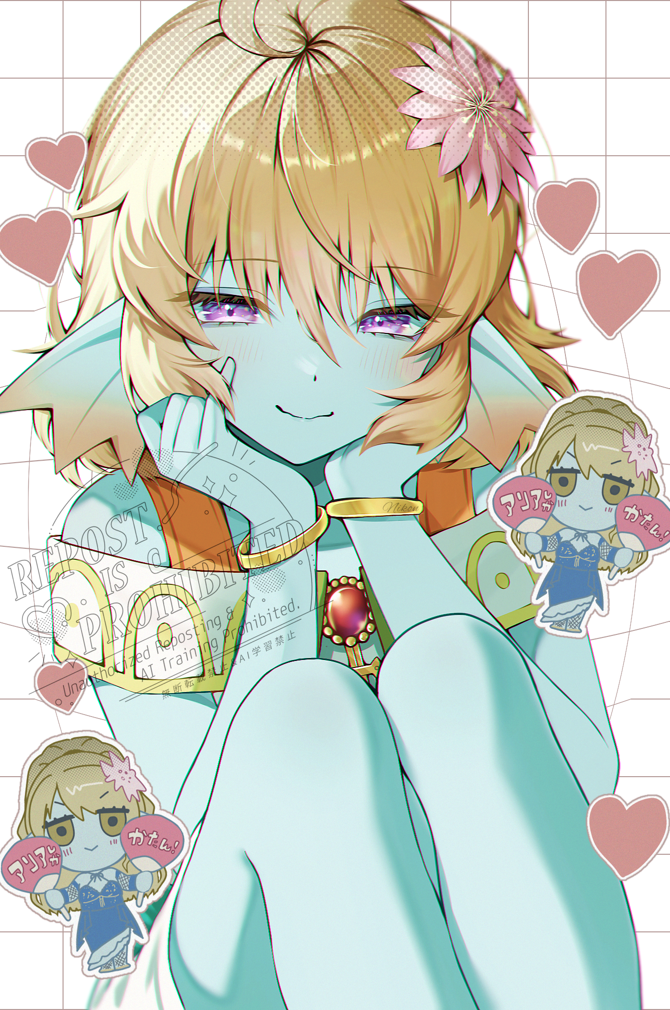 nikon (user aznh7528), dragon quest, dragon quest x, commentary request, highres, partial commentary, 2girls, aqua skin, aria (dq10), blonde hair, blue dress, blurry, bra, bracelet, chibi, chibi inset, colored skin, depth of field, dress, fins, fish girl, flower, gem, gold bracelet, grid background, hair flower, hair ornament, hand fan, hands on own cheeks, hands on own face, head fins, heart, holding, holding fan, jewelry, knees to chest, linache (dq10), long hair, looking down, medium hair, monster girl, multiple girls, off-shoulder dress, off shoulder, orange bra, pink flower, ponytail, purple eyes, red gemstone, siblings, sisters, smile, underwear, white background, white dress, yellow eyes