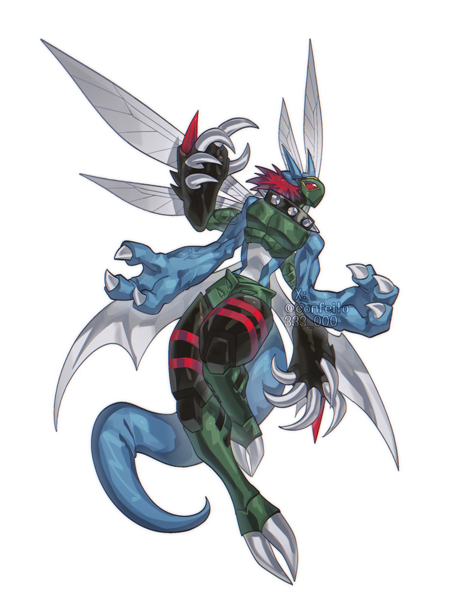 confeito000 333, dinobeemon, digimon, highres, armor, bug, digimon (creature), dragon, full body, green armor, insect wings, no humans, simple background, white background, wings