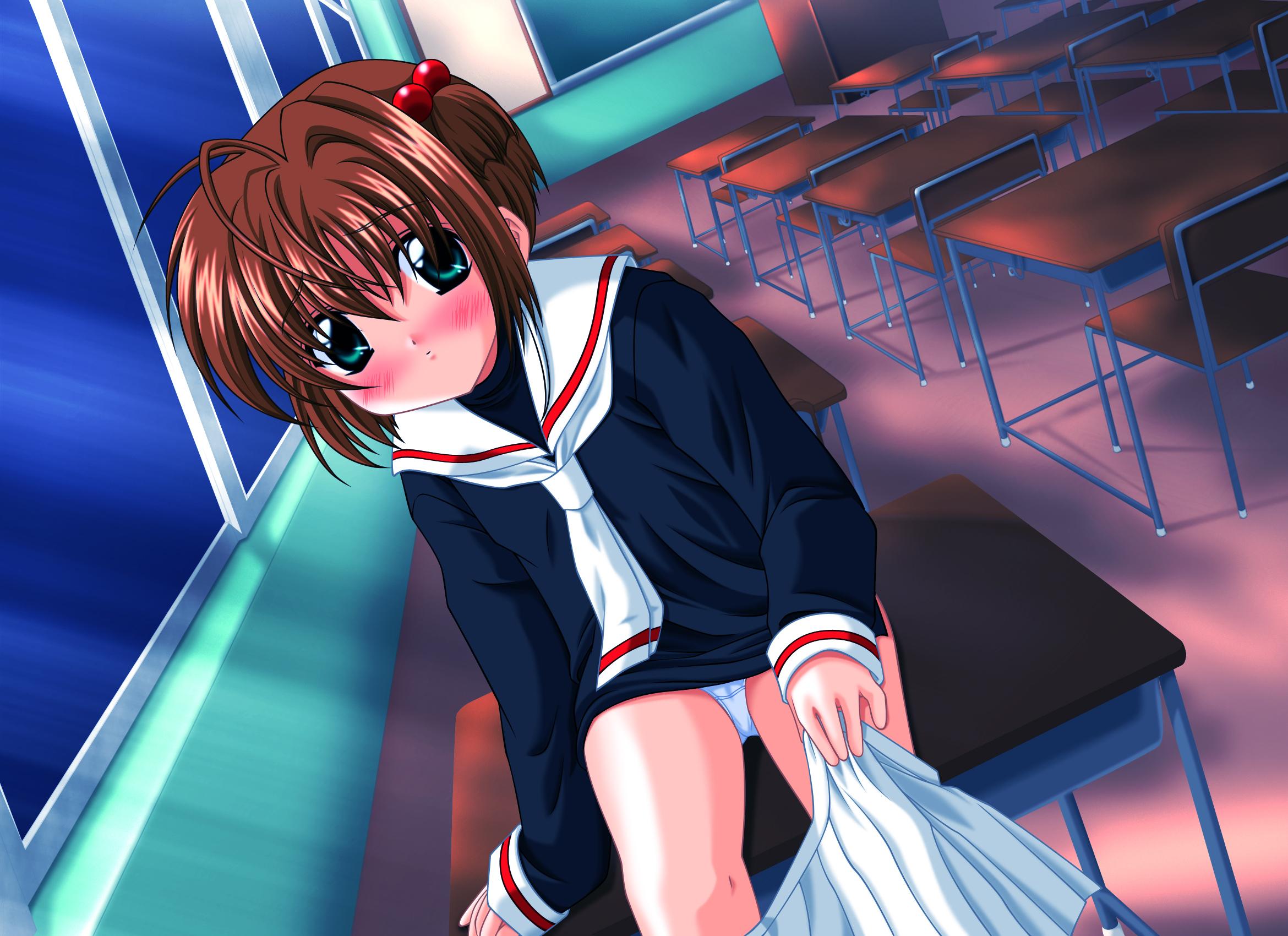 kinomoto sakura, cardcaptor sakura, highres, 1990s (style), 1girl, blush, brown hair, chalkboard, child, classroom, clothes pull, desk, dutch angle, female focus, green eyes, hair bobbles, hair ornament, indoors, looking at viewer, panties, retro artstyle, school, school desk, school uniform, serafuku, short hair, skirt, skirt pull, solo, tomoeda middle school uniform, underwear, undressing, white panties, window