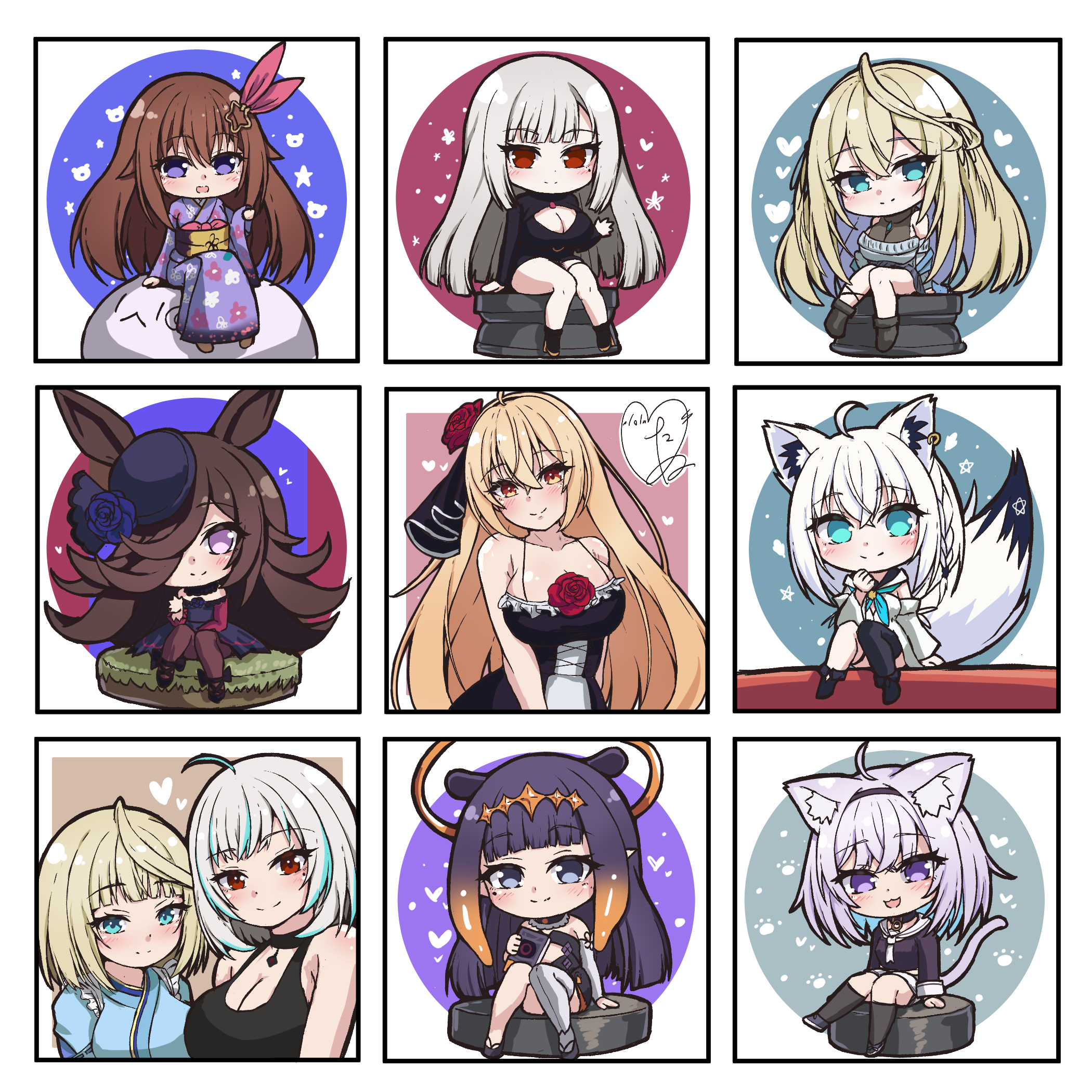 tanu (ace ikachan), manase yua, nekomata okayu, ninomae ina'nis, rice shower (umamusume), shirakami fubuki, tokino sora, hololive, hololive english, iriam, project blue (vtuber), umamusume, character request, commentary request, copyright request, highres, 6+girls, :3, ahoge, animal ear fluff, animal ear piercing, animal ears, armpit crease, asymmetrical bangs, asymmetrical legwear, bare shoulders, black choker, black collar, black dress, black hairband, black sandals, black shirt, black shoes, black socks, black tank top, black thighhighs, blonde hair, blue eyes, blue flower, blue hat, blue kimono, blue neckerchief, blue rose, blue shoes, blue streaks, blunt bangs, blush, book, border, braid, breasts, brown hair, brown pantyhose, cat ears, cat girl, cat tail, chibi, choker, choppy bangs, cleavage, cleavage cutout, closed mouth, clothing cutout, collar, collarbone, cowboy shot, crossed bangs, diamond hairband, double-parted bangs, dress, floral print, flower, fox ears, fox girl, fox tail, gradient hair, grey sweater, hair between eyes, hair flower, hair ornament, hair over one eye, hairband, halo, hand up, hat, hat flower, heart, holding, holding book, horse ears, horse girl, huge ahoge, inset border, japanese clothes, jewelry, kimono, kuran mio, large breasts, long hair, long sleeves, looking at viewer, medium hair, mismatched legwear, mole, mole under eye, multicolored hair, multiple girls, neckerchief, necklace, off-shoulder dress, off-shoulder sweater, off shoulder, one eye covered, open mouth, orange halo, pantyhose, parted bangs, paw print, pentagram, print kimono, purple eyes, purple hair, red eyes, red flower, red rose, rose, sandals, see-through cleavage, see-through clothes, shirt, shoes, short hair, single braid, single thighhigh, sitting, sleeveless, sleeveless dress, sleeveless shirt, smile, socks, spaghetti strap, split mouth, star (symbol), star hair ornament, streaked hair, sweater, tail, tank top, tentacle hair, thighhighs, virtual youtuber, white background, white border, white hair, white shirt, white thighhighs, wide sleeves, wispy bangs, yellow eyes