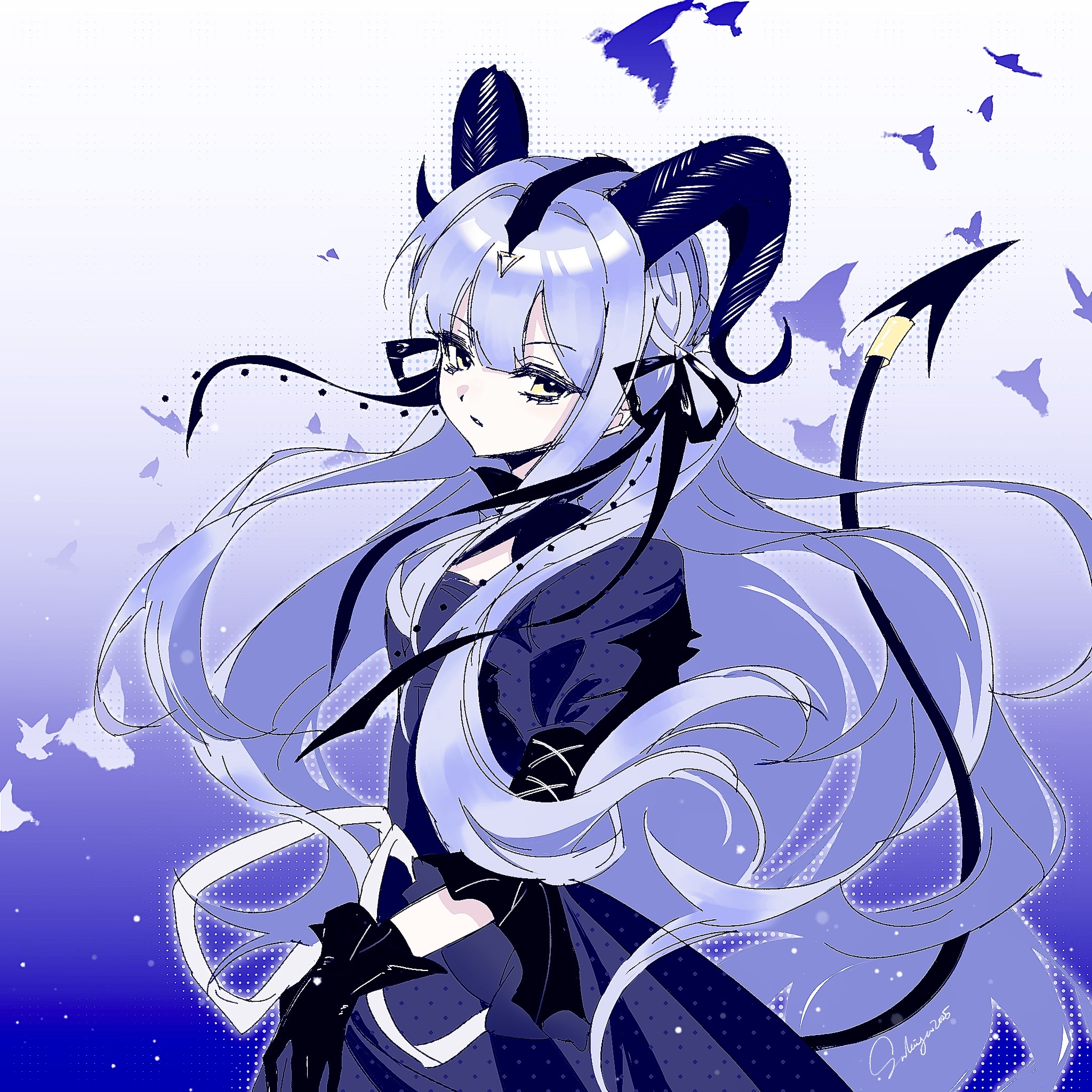 togawa sakiko, arknights, bang dream!, bang dream! it's mygo!!!!!, highres, 1girl, black gloves, black ribbon, black tail, blue background, blue hair, cowboy shot, curled horns, demon tail, detached collar, gang zhi lian mao laoda, gloves, gradient background, hair ribbon, horns, long hair, looking at viewer, official alternate costume, own hands together, ribbon, sidelocks, solo, standing, tail, tail ornament, tail ring, togawa sakiko (master of melodia), yellow eyes
