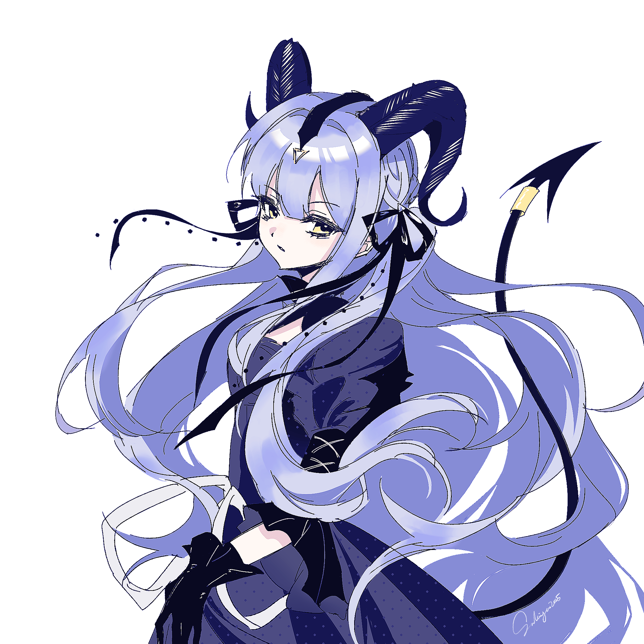togawa sakiko, arknights, bang dream!, bang dream! it's mygo!!!!!, highres, 1girl, black gloves, black ribbon, black tail, blue hair, cowboy shot, curled horns, demon tail, detached collar, gang zhi lian mao laoda, gloves, hair ribbon, horns, long hair, looking at viewer, official alternate costume, own hands together, ribbon, sidelocks, simple background, solo, standing, tail, tail ornament, tail ring, togawa sakiko (master of melodia), white background, yellow eyes