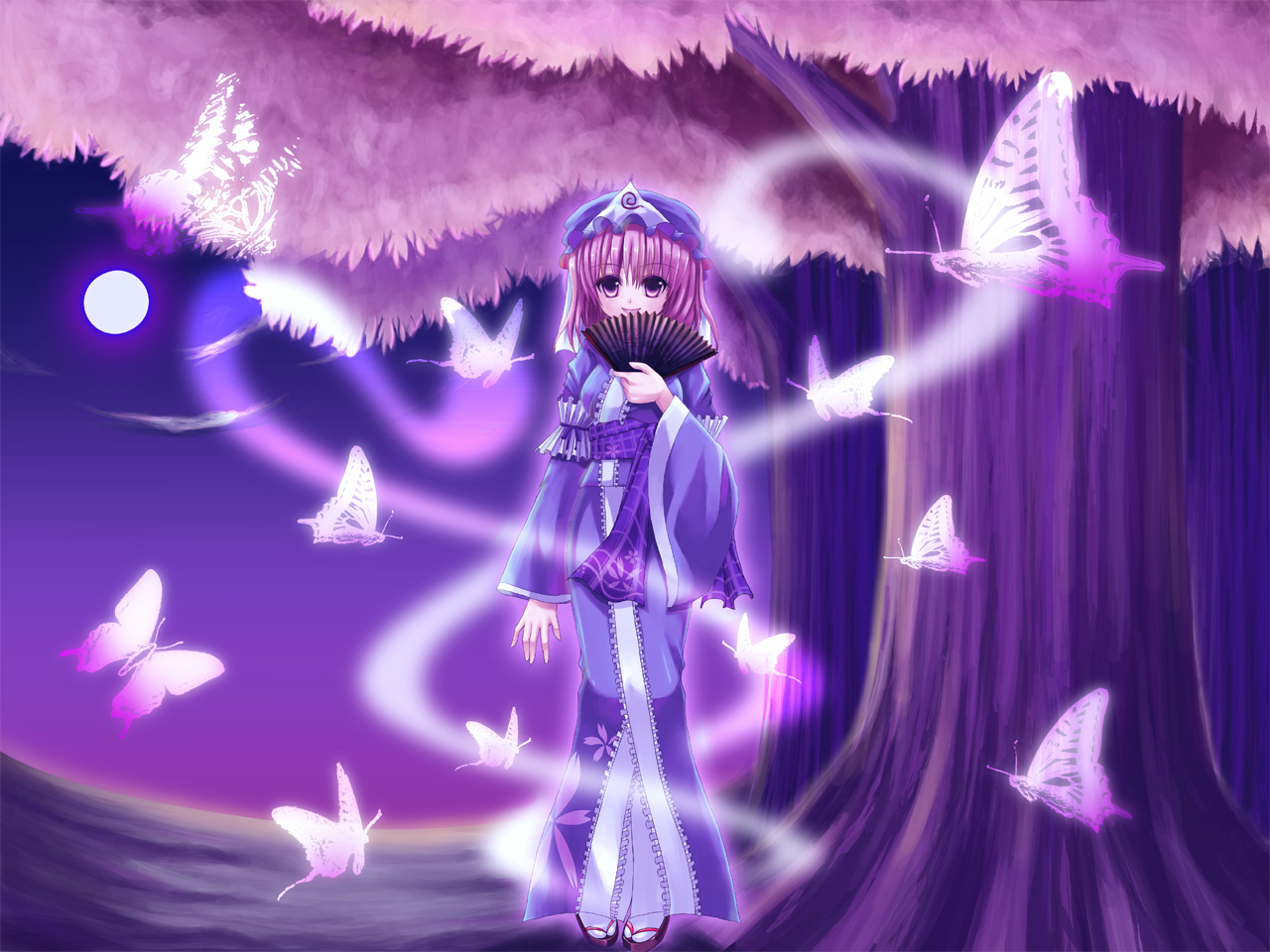 nonoko, yuuka nonoko, saigyouji yuyuko, touhou, 1girl, bug, butterfly, dress, female focus, folding fan, gradient background, hand fan, hat, insect, moon, nature, outdoors, pink butterfly, plant, sky, solo, tree