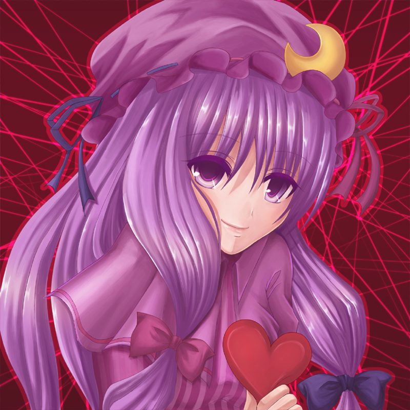 nonoko, yuuka nonoko, patchouli knowledge, touhou, 1girl, crescent, crescent hair ornament, female focus, hair ornament, hat, heart, long hair, mob cap, purple eyes, purple hair, smile, solo