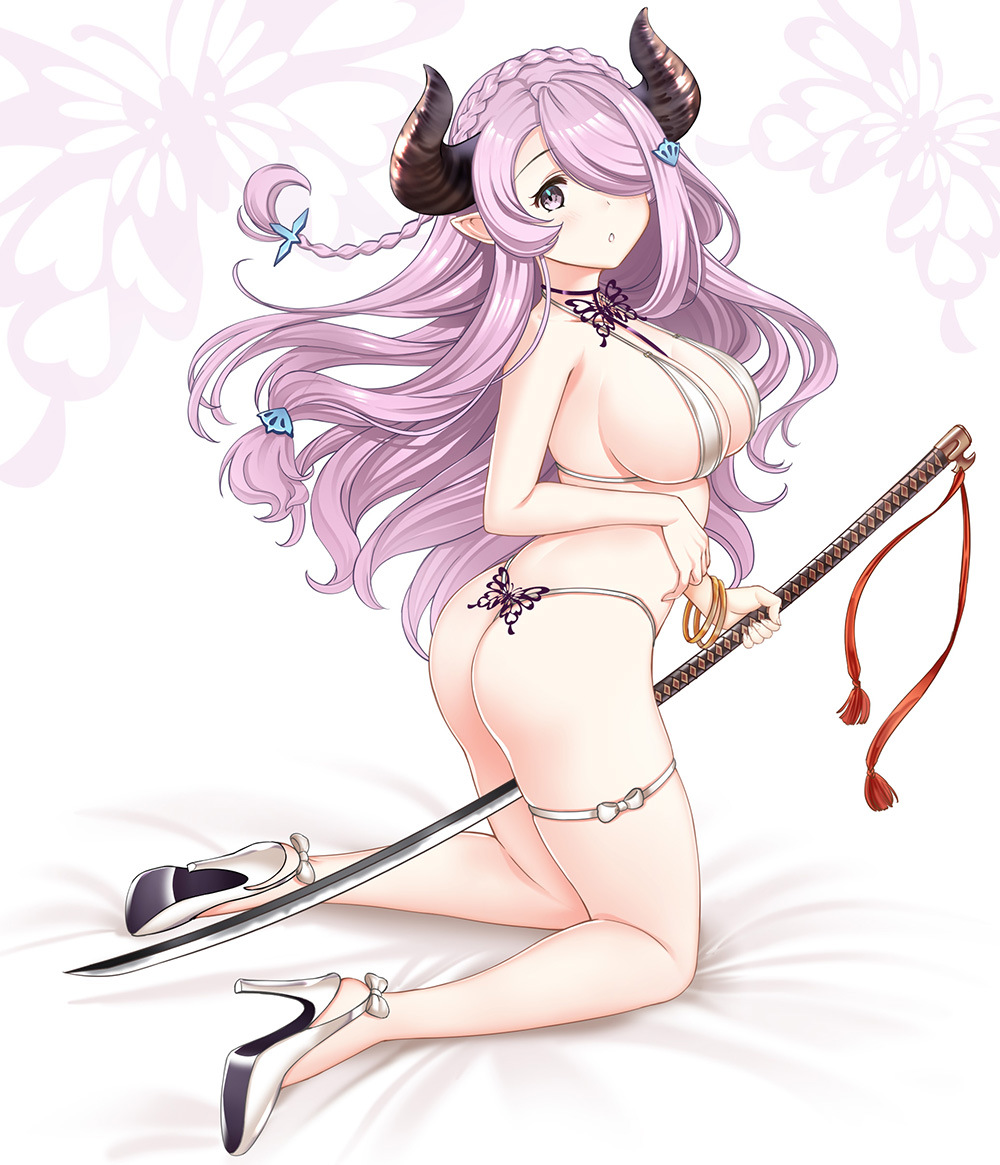 hataraki kuma, narmaya (granblue fantasy), granblue fantasy, commentary request, 1girl, :o, bikini, bracelet, braid, breasts, bug, butterfly, cleavage, curled horns, dot nose, draph, full body, hair ornament, hair over one eye, high heels, holding, holding sword, holding weapon, horns, insect, jewelry, katana, kneeling, long hair, looking at viewer, mature female, open mouth, parted bangs, pointy ears, purple eyes, purple hair, shadow, shoes, sideboob, simple background, single braid, solo, string bikini, swimsuit, sword, thigh strap, thighs, weapon, white background, white bikini, white shoes
