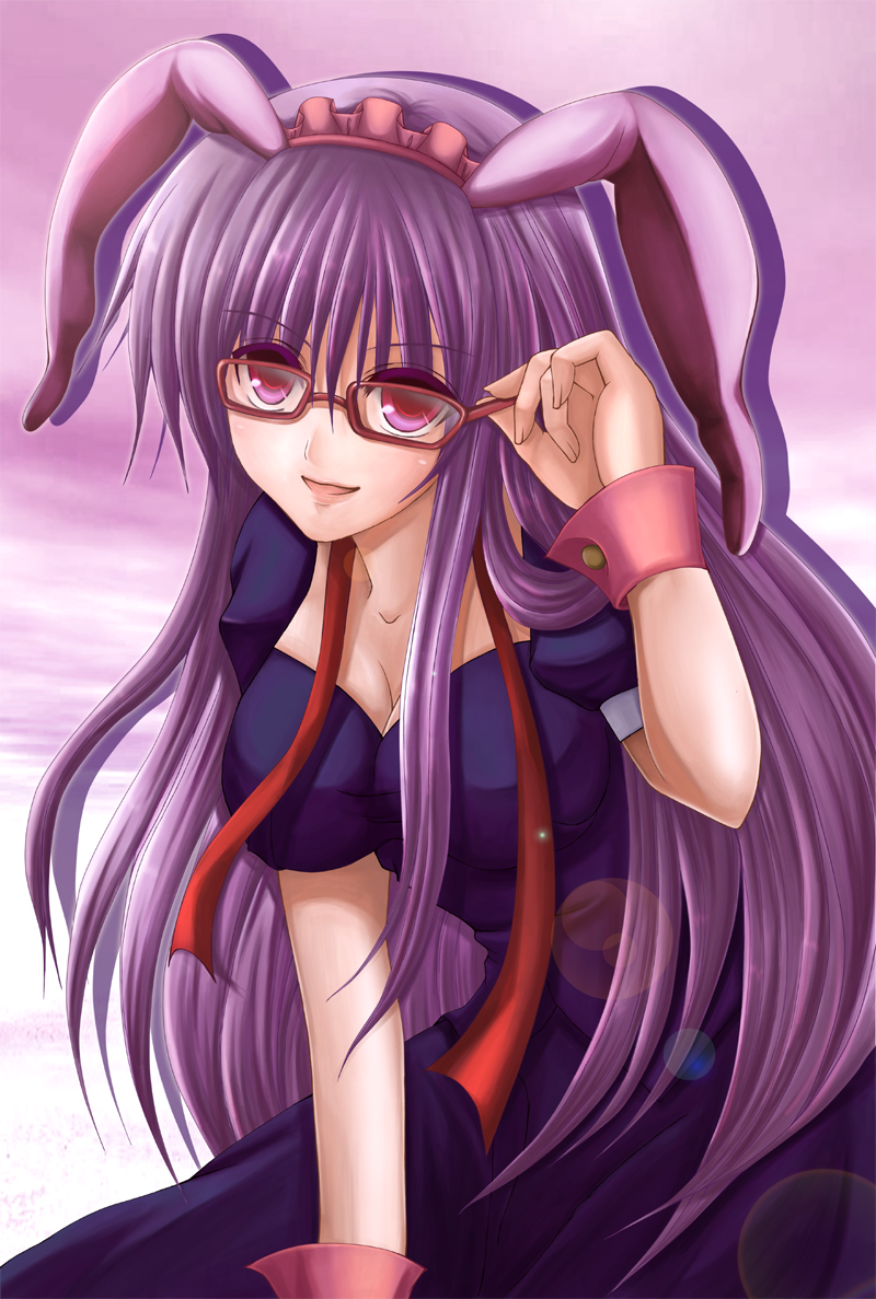 nonoko, yuuka nonoko, reisen udongein inaba, touhou, 1girl, adjusting eyewear, animal ears, bespectacled, breasts, dress, female focus, glasses, long hair, outdoors, rabbit ears, sky, solo, standing, white background