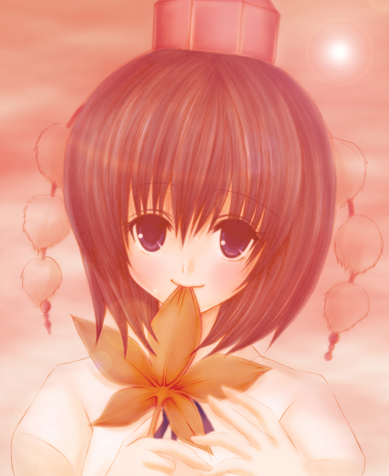 nonoko, yuuka nonoko, shameimaru aya, touhou, 1girl, blush, brown eyes, brown hair, closed mouth, female focus, fox, hand fan, hat, holding, leaf, looking at viewer, mouth hold, short hair, smile, solo, sun, sunlight, tokin hat