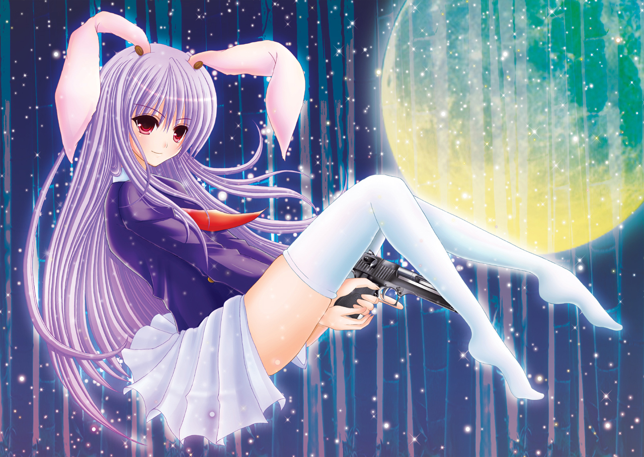 nonoko, yuuka nonoko, reisen udongein inaba, touhou, light purple hair, 1girl, animal ears, female focus, gun, handgun, long hair, moon, necktie, pistol, pleated skirt, purple hair, rabbit ears, red eyes, red necktie, skirt, smile, solo, thighhighs, trigger discipline, very long hair, weapon, white thighhighs