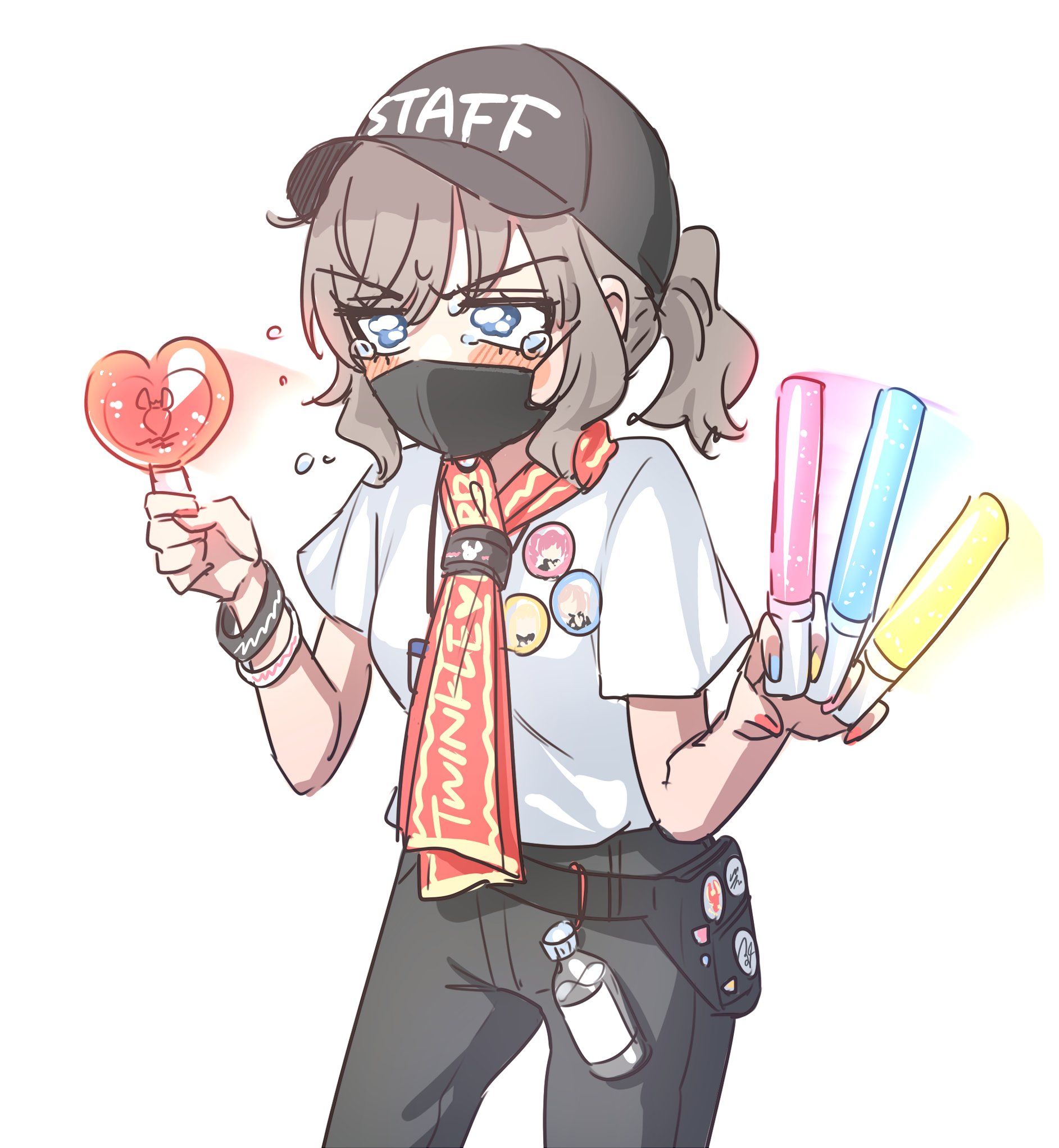 umeno, indie virtual youtuber, commentary request, highres, 1girl, badge, baseball cap, between fingers, black hat, black pants, blue eyes, blue nails, blush stickers, bottle, button badge, cowboy shot, crying, crying with eyes open, fanny pack, fingernails, flying teardrops, glowstick, grey hair, hands up, hat, holding, holding glowstick, looking ahead, mask, medium hair, motion blur, mouth mask, multicolored nails, nail polish, pants, penlight (glowstick), pink nails, ponytail, red nails, red scarf, scarf, shirt, shirt tucked in, short sleeves, sidelocks, simple background, solo, standing, sweatdrop, t-shirt, tears, v-shaped eyebrows, virtual youtuber, water bottle, white background, white shirt, wristband, yamada suzume, yellow nails