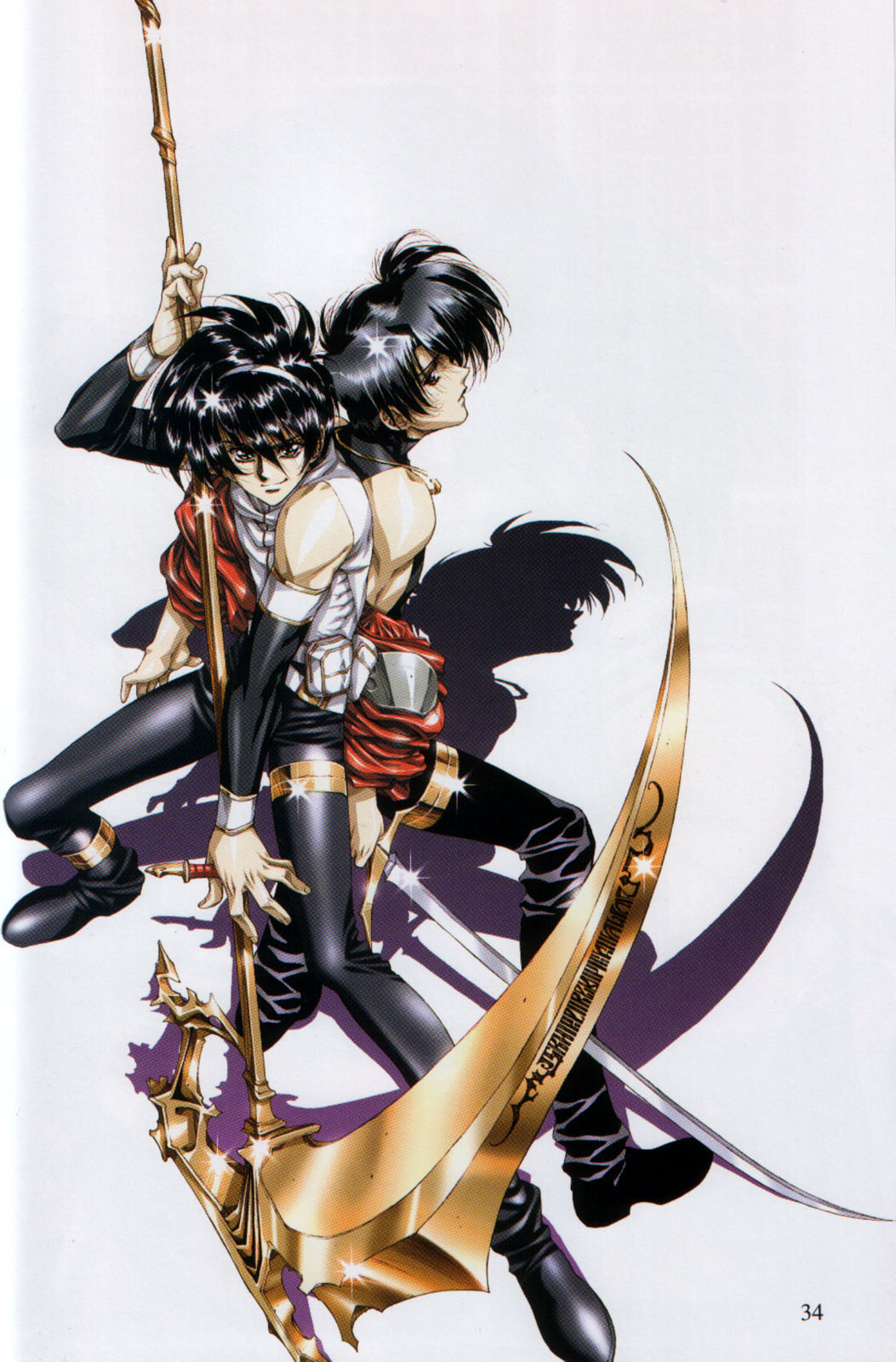 urushihara satoshi, carmaine fallsmyer, wein cruz, growlanser, growlanser i, growlanser ii, highres, scan, scan artifacts, 2boys, male focus, moire, multiple boys