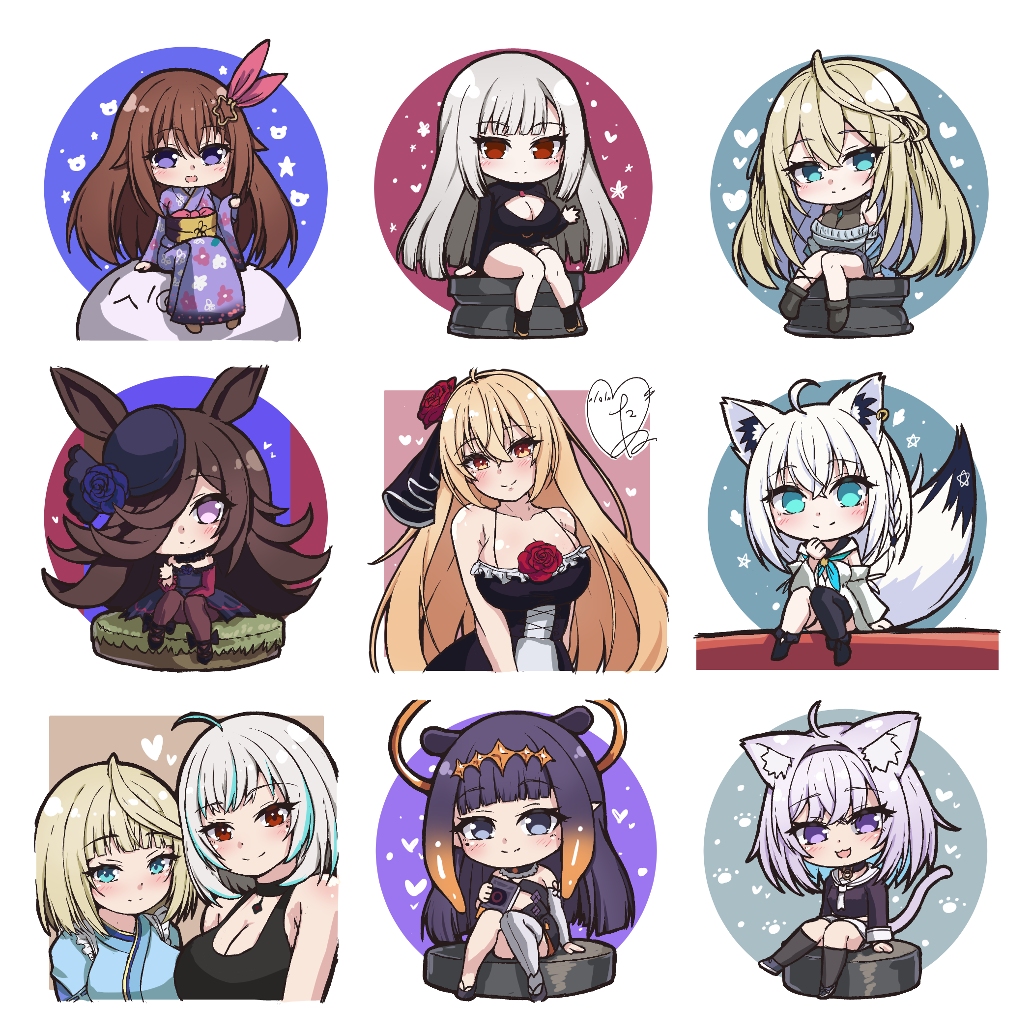 tanu (ace ikachan), manase yua, nekomata okayu, ninomae ina'nis, rice shower (umamusume), shirakami fubuki, tokino sora, hololive, hololive english, iriam, project blue (vtuber), umamusume, character request, commentary request, copyright request, highres, 6+girls, :3, ahoge, animal ear fluff, animal ear piercing, animal ears, armpit crease, asymmetrical bangs, asymmetrical legwear, bare shoulders, black choker, black collar, black dress, black hairband, black sandals, black shirt, black shoes, black socks, black tank top, black thighhighs, blonde hair, blue eyes, blue flower, blue hat, blue kimono, blue neckerchief, blue rose, blue shoes, blue streaks, blunt bangs, blush, book, braid, breasts, brown hair, brown pantyhose, cat ears, cat girl, cat tail, chibi, choker, choppy bangs, cleavage, cleavage cutout, closed mouth, clothing cutout, collar, collarbone, cowboy shot, crossed bangs, diamond hairband, double-parted bangs, dress, floral print, flower, fox ears, fox girl, fox tail, gradient hair, grey sweater, hair between eyes, hair flower, hair ornament, hair over one eye, hairband, halo, hand up, hat, hat flower, heart, holding, holding book, horse ears, horse girl, huge ahoge, japanese clothes, jewelry, kimono, kuran mio, large breasts, long hair, long sleeves, looking at viewer, medium hair, mismatched legwear, mole, mole under eye, multicolored hair, multiple girls, neckerchief, necklace, off-shoulder dress, off-shoulder sweater, off shoulder, one eye covered, open mouth, orange halo, pantyhose, parted bangs, paw print, pentagram, print kimono, purple eyes, purple hair, red eyes, red flower, red rose, rose, sandals, see-through cleavage, see-through clothes, shirt, shoes, short hair, single braid, single thighhigh, sitting, sleeveless, sleeveless dress, sleeveless shirt, smile, socks, spaghetti strap, split mouth, star (symbol), star hair ornament, streaked hair, sweater, tail, tank top, tentacle hair, thighhighs, virtual youtuber, white background, white hair, white shirt, white thighhighs, wide sleeves, wispy bangs, yellow eyes