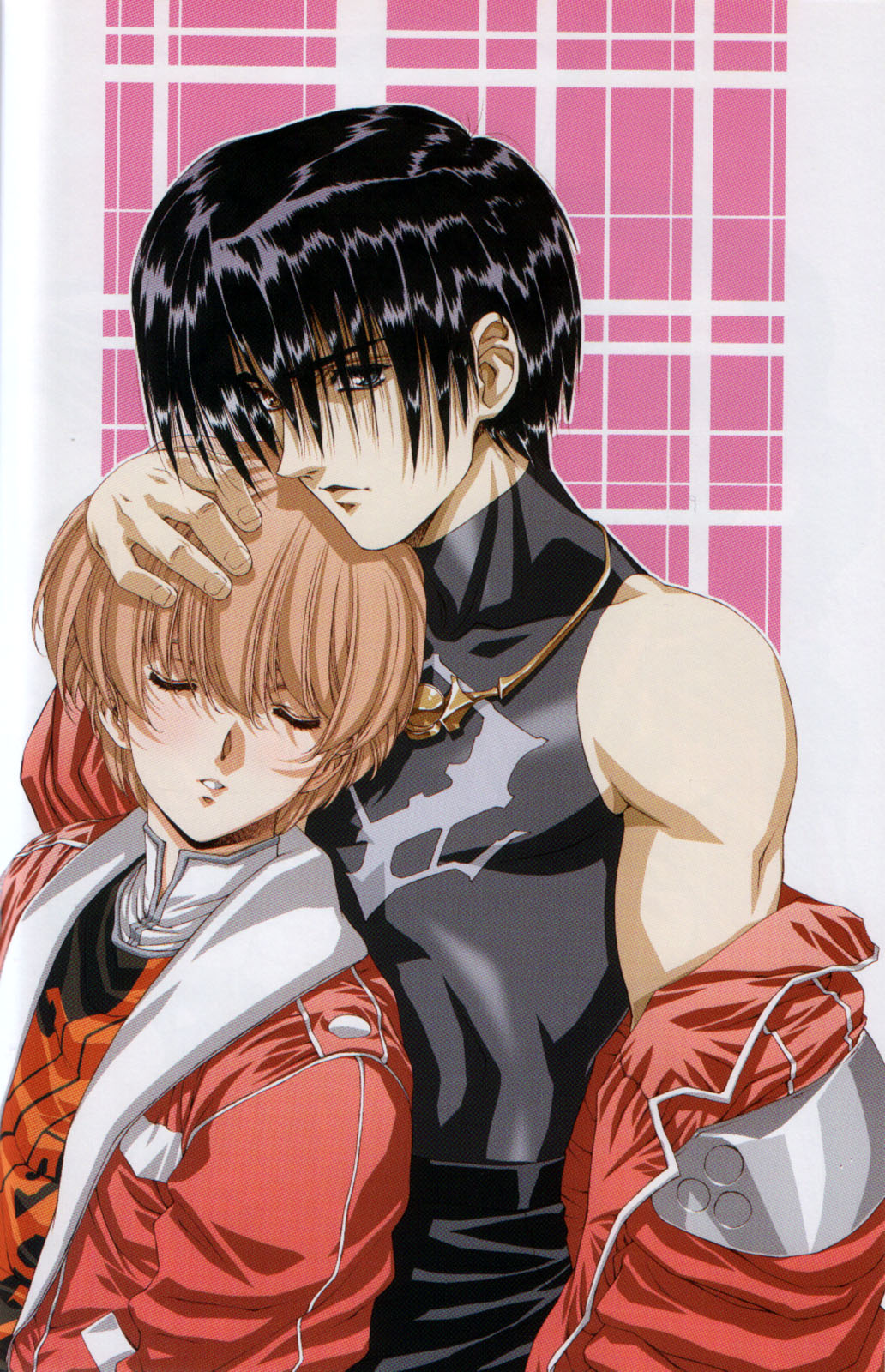 urushihara satoshi, carmaine fallsmyer, eliotte, growlanser, growlanser i, highres, scan, scan artifacts, 2boys, black hair, closed eyes, hand on another's head, jacket, jewelry, male focus, moire, multiple boys, necklace, pink hair, short hair, turtleneck, upper body