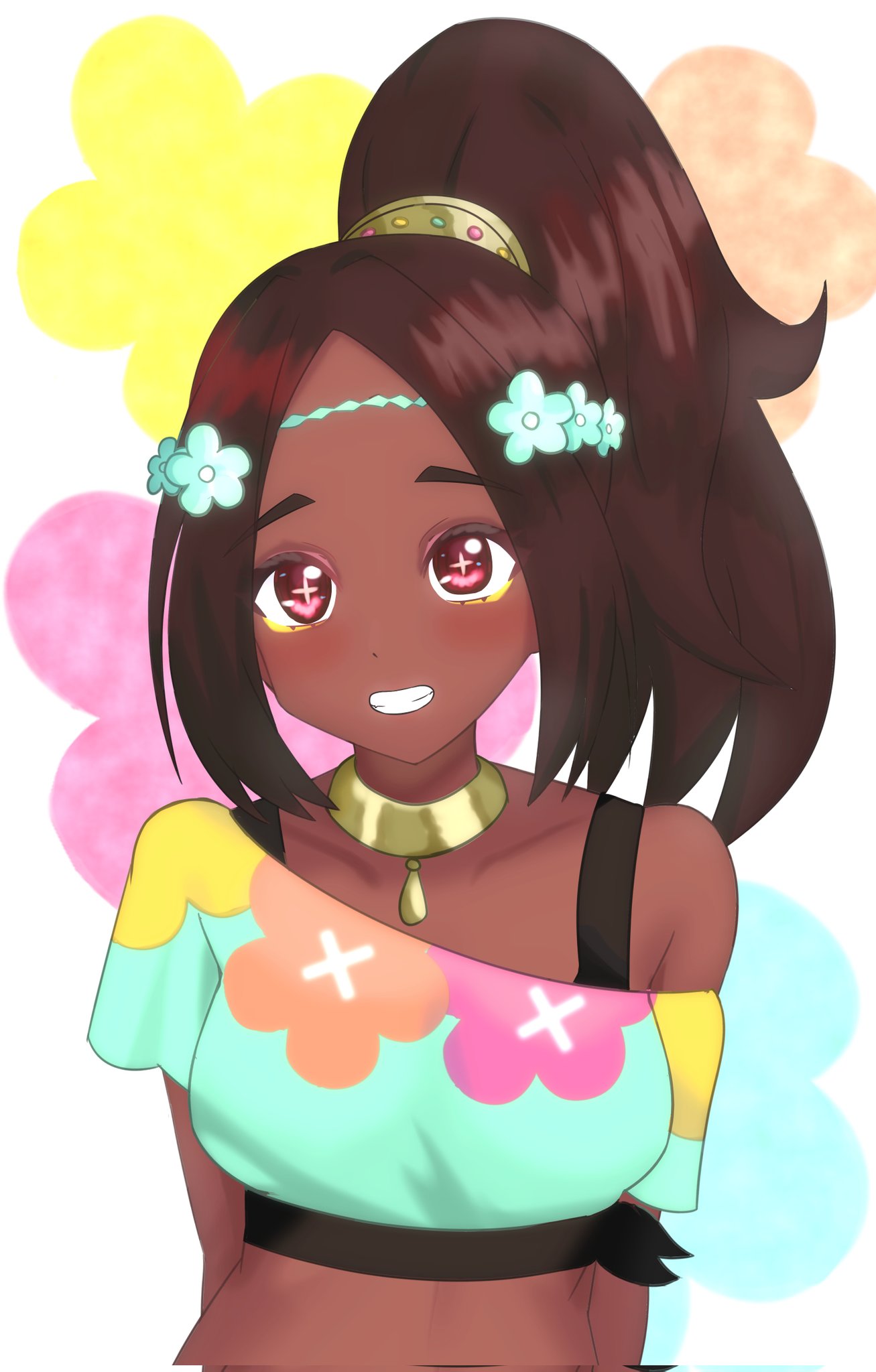soulxz, timerra (fire emblem), fire emblem, fire emblem engage, nintendo, highres, 1girl, alternate costume, blush, breasts, brown hair, circlet, cropped shirt, dark-skinned female, dark skin, flower, hair flower, hair ornament, jewelry, long hair, looking at viewer, medium breasts, midriff, off-shoulder shirt, off shoulder, open mouth, ponytail, red eyes, shirt, single bare shoulder, smile, solo, star-shaped pupils, star (symbol), symbol-shaped pupils, teeth, upper body, very dark skin
