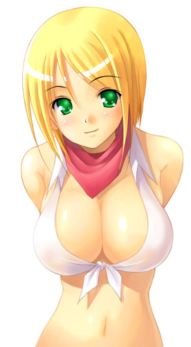 akamaru, blacksmith (ragnarok online), whitesmith, ragnarok online, lowres, bare shoulders, blacksmith, blonde hair, blush, breasts, cleavage, green eyes, large breasts, midriff, scarf, short hair, smile