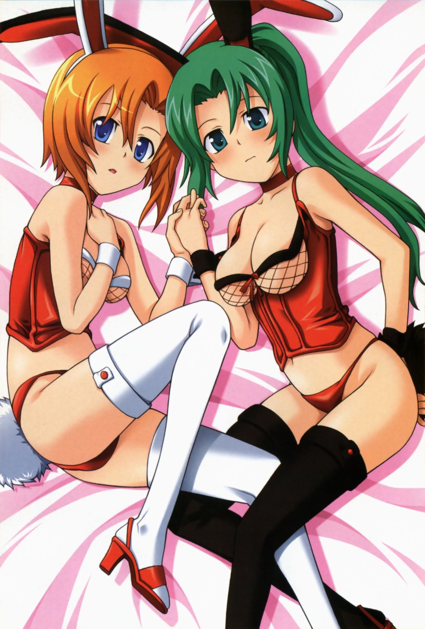 rato, ryuuguu rena, sonozaki mion, higurashi no naku koro ni, black legwear, white legwear, highres, 00s, 2girls, alternate costume, animal ears, aqua eyes, arm behind back, ass, bare shoulders, bed, bed sheet, between legs, blue eyes, blush, breasts, bustier, censored, choker, cleavage, collar, convenient censoring, fake animal ears, fake tail, fishnets, from above, green eyes, green hair, hair between eyes, hand on own chest, high heels, high ponytail, holding hands, indoors, large breasts, leotard, long hair, looking at viewer, lying, multiple girls, on side, orange hair, panties, parted lips, playboy bunny, ponytail, rabbit ears, rabbit tail, red panties, shoes, short hair, small breasts, tail, thighhighs, underwear, wavy mouth, wrist cuffs