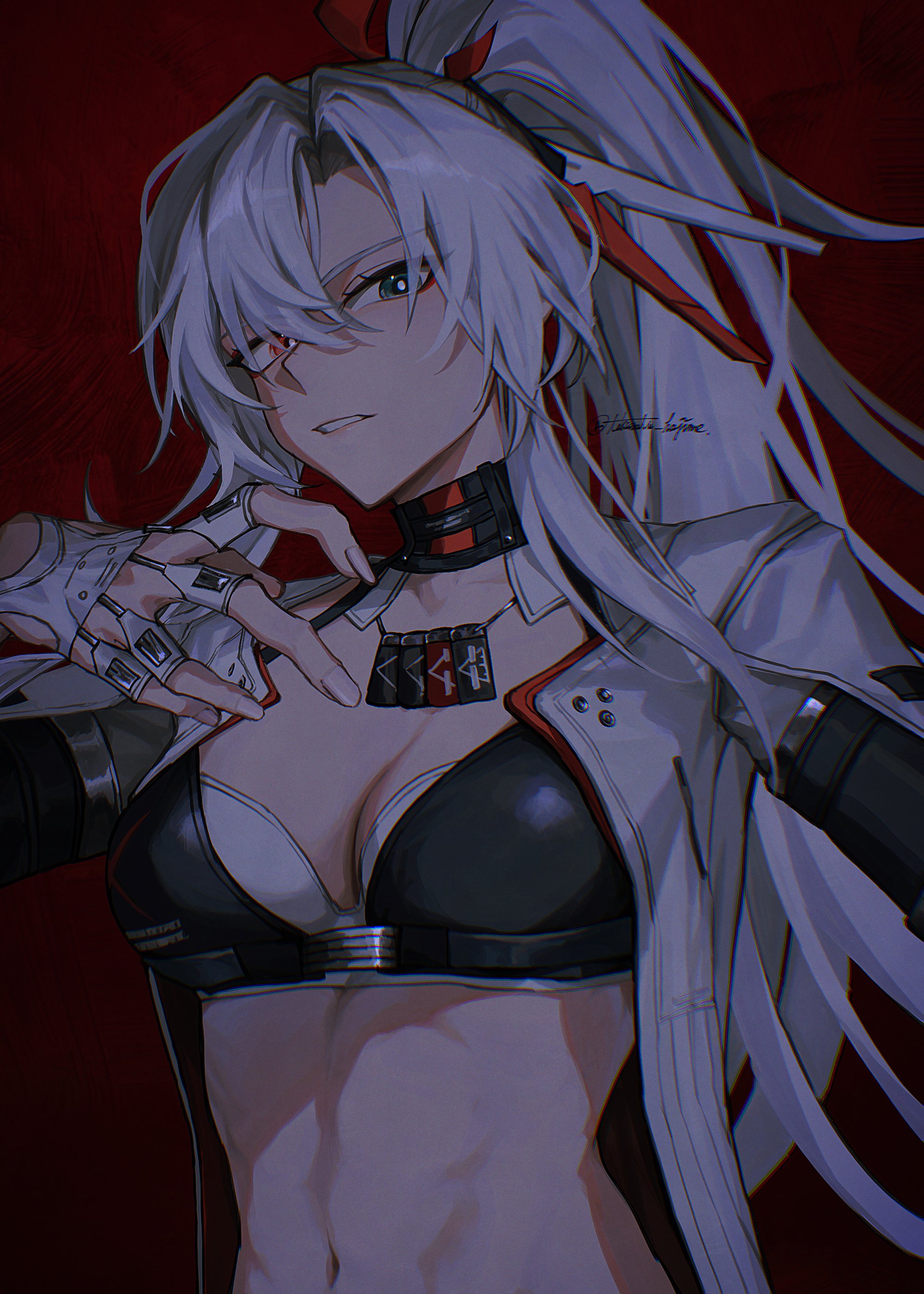 takamatu hajime, alpha: crimson weave (pgr), alpha (pgr), punishing: gray raven, absurdres, highres, 1girl, asymmetrical bangs, black bra, bra, dog tags, grey eyes, grey hair, grey jacket, grin, heterochromia, jacket, long hair, open clothes, open jacket, ponytail, red eyes, signature, smile, solo, sports bra, underwear, very long hair, white hair