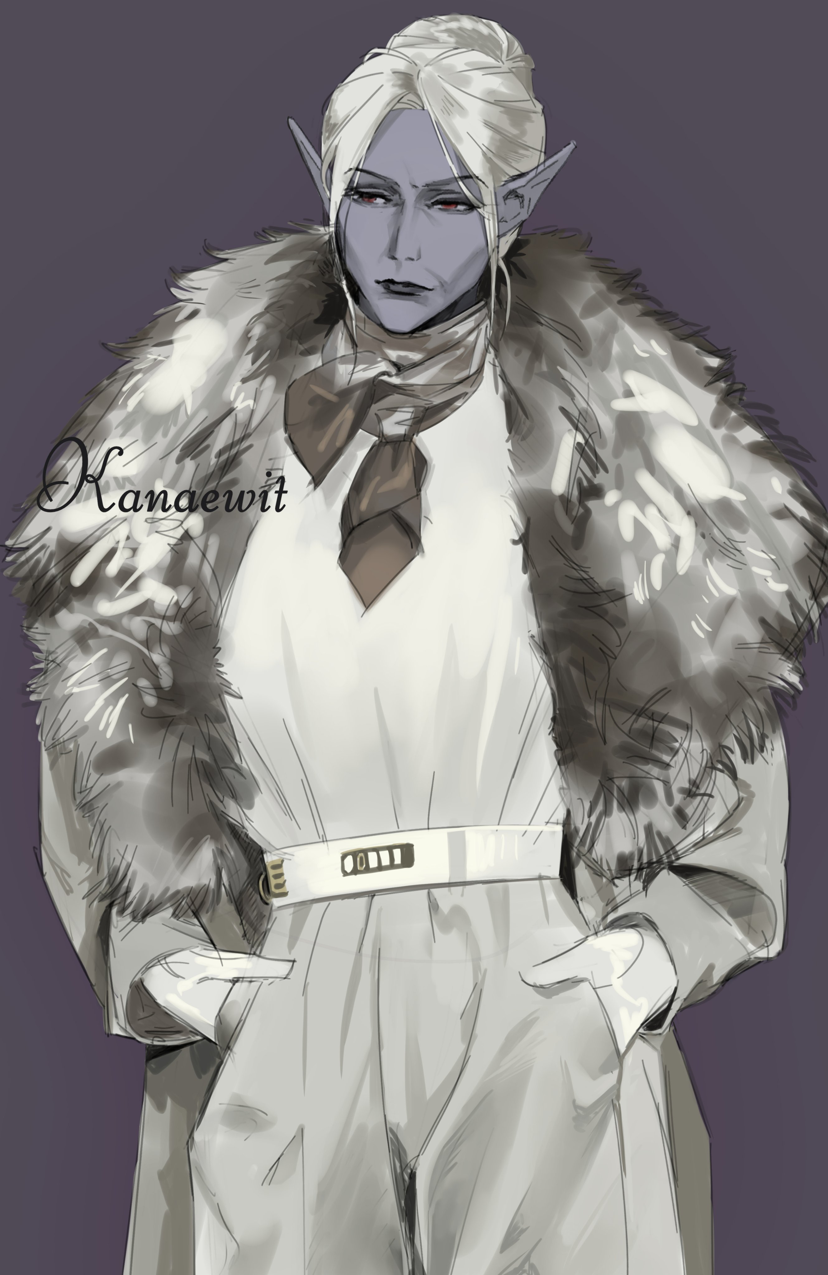 kanaewit, minthara, baldur's gate, baldur's gate 3, dungeons & dragons, dungeons & dragons, absurdres, highres, 1girl, alternate costume, artist name, belt, black lips, coat, colored skin, contemporary, cowboy shot, dark elf, elf, fur-trimmed coat, fur trim, gloves, grey background, grey skin, hair bun, hands in pockets, mature female, pants, pointy ears, red eyes, shirt, short hair, simple background, single hair bun, solo, standing, twitter username, white coat, white gloves, white hair, white pants, white shirt