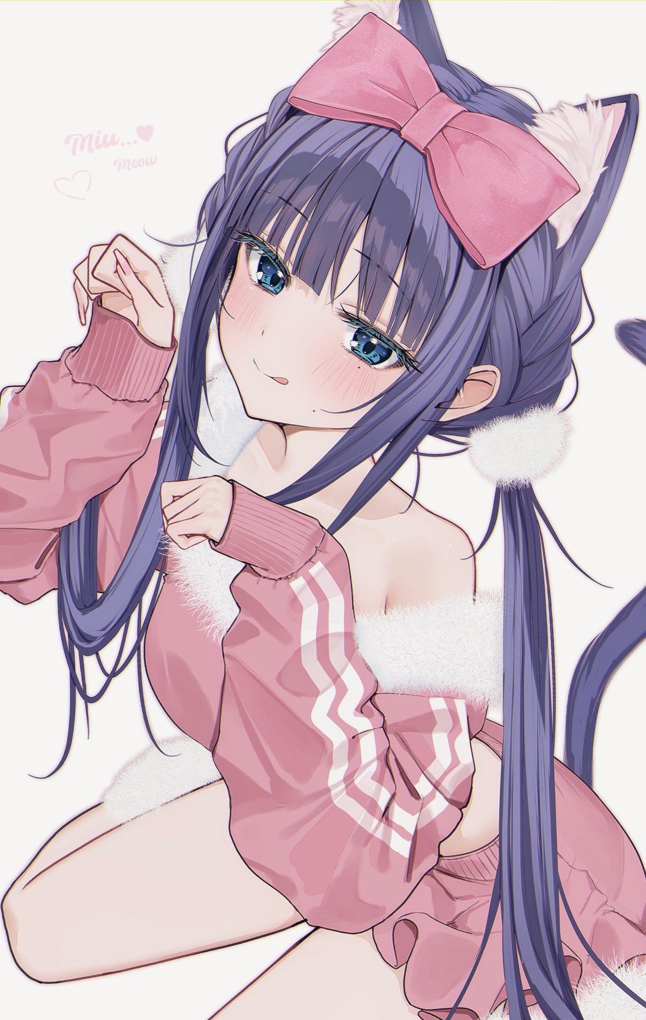 uiri-na, original, highres, 1girl, animal ear fluff, animal ears, blue eyes, blush, bow, breasts, cat ears, cat girl, cat tail, closed mouth, fur trim, hair bow, hair ornament, long hair, long sleeves, looking at viewer, midriff, pink shirt, pink shorts, purple hair, shirt, shorts, single bare shoulder, smile, solo, tail, tongue, tongue out, twintails