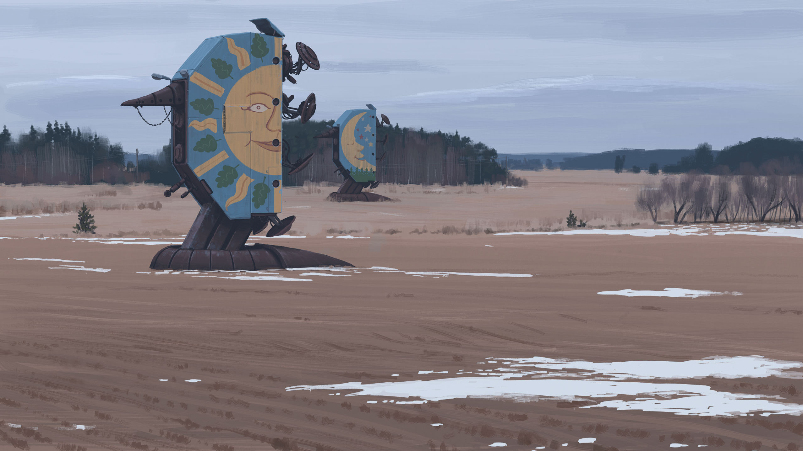 simon stalenhag, highres, cable, cloud, day, field, forest, leaf, moon, moon with face, nature, no humans, outdoors, science fiction, sign, sky, smile, snow, sun, sun with face, things from the flood, tree
