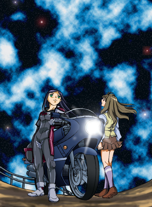 gonbee, fujino shizuru, kuga natsuki, my-hime, vehicle, non-web source, 00s, 2girls, biker clothes, bikesuit, bodysuit, cloud, long hair, motor vehicle, motorcycle, multiple girls, night, night sky, school uniform, serafuku, sky