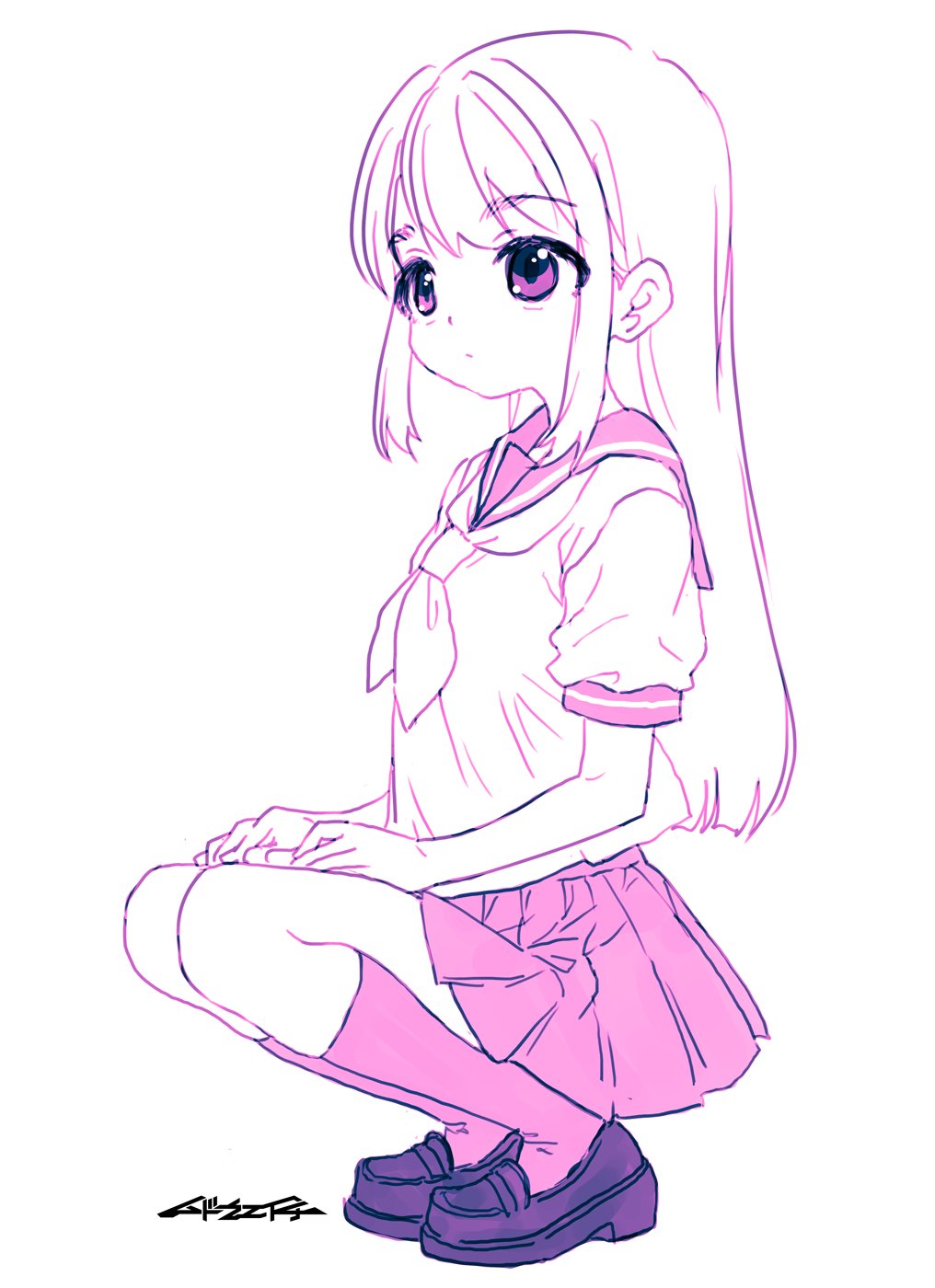 mudou eichi, original, highres, 1girl, breasts, hands on own knees, kneeling, long hair, looking to the side, pleated skirt, purple eyes, school uniform, serafuku, skirt, small breasts, socks, solo, white background, white hair