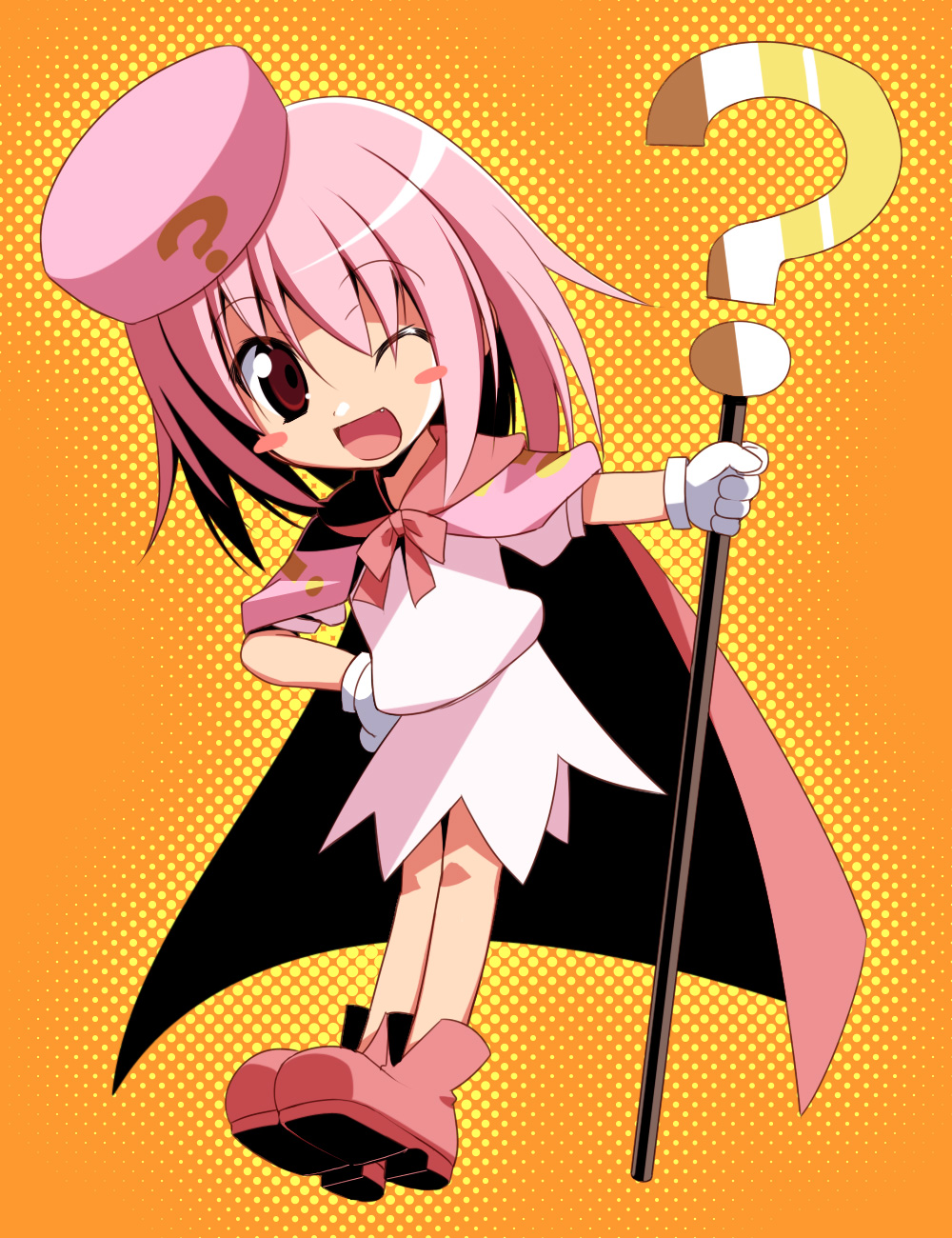 hoppege, hatena yousei, benesse, bad id, bad pixiv id, highres, 1girl, boots, female focus, hat, one eye closed, orange background, pink boots, pink eyes, pink hair, pink hat, pink shoes, shoes, solo, wink