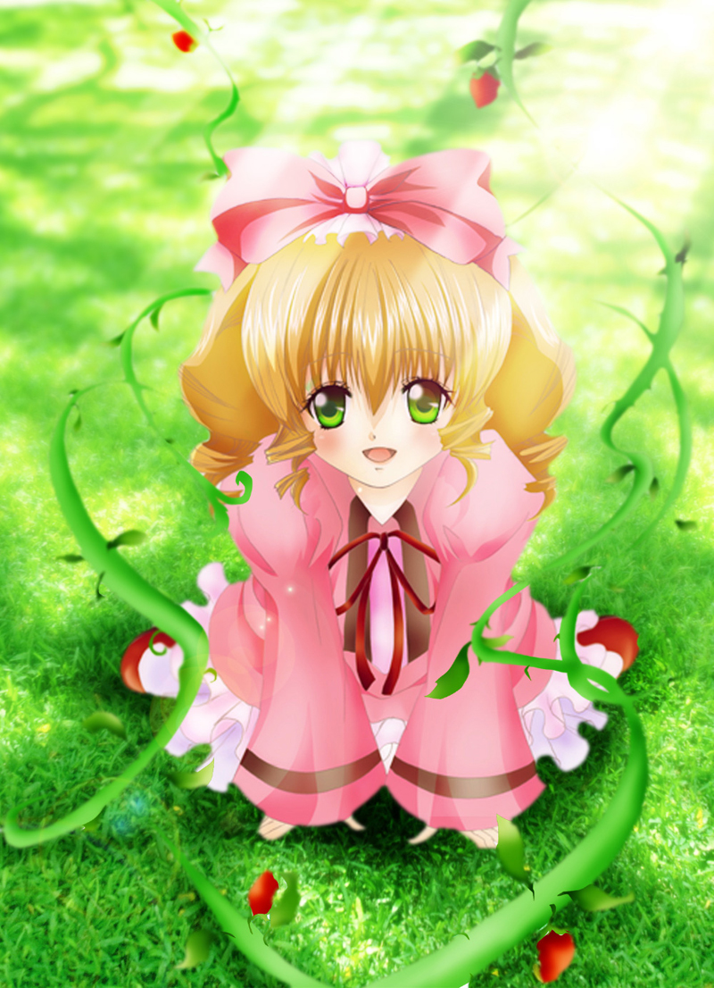 nonoko, yuuka nonoko, hinaichigo, rozen maiden, 00s, 1girl, blonde hair, bow, female focus, pink bow, ribbon, smile, solo