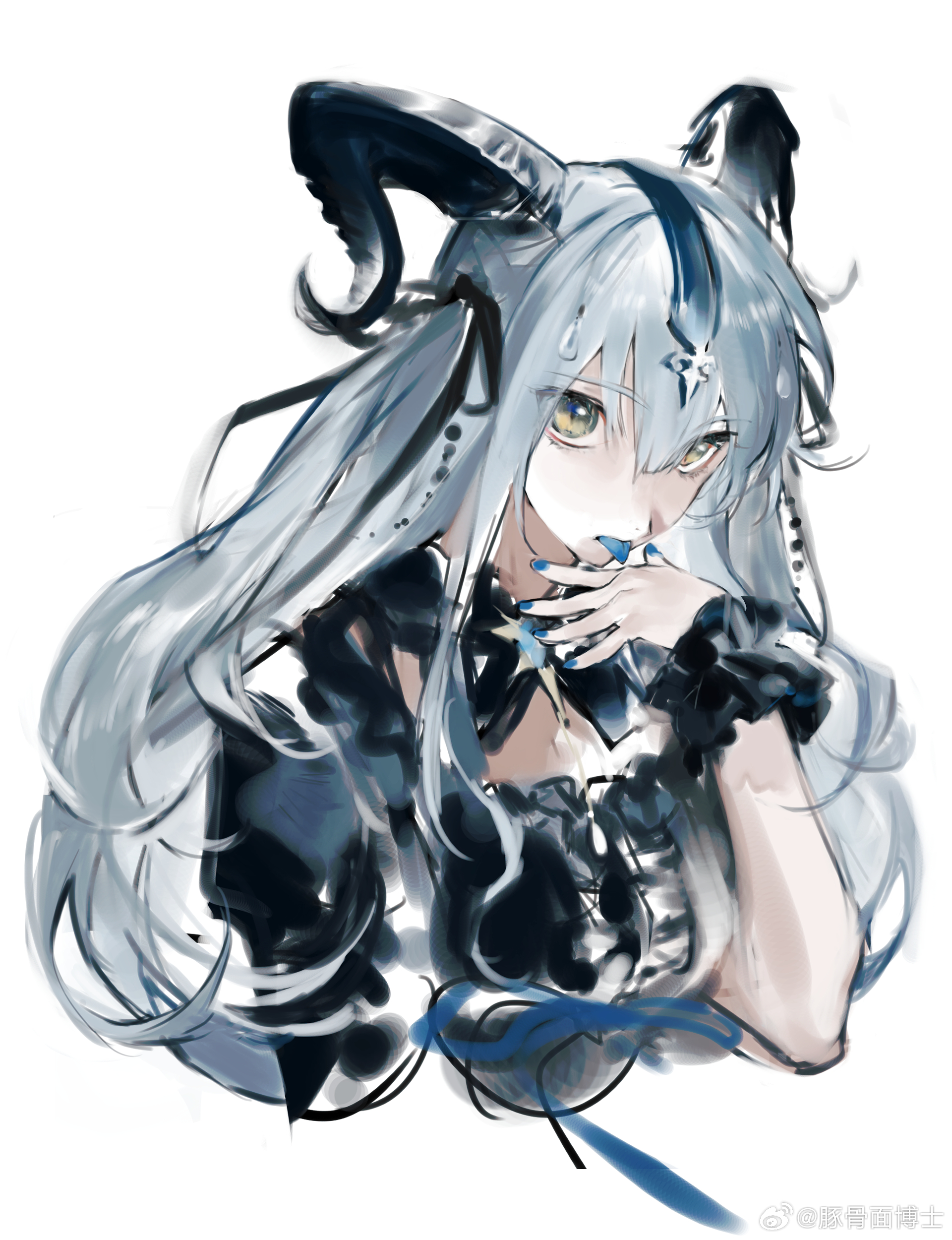 yuuyuu u, togawa sakiko, arknights, bang dream!, bang dream! it's mygo!!!!!, absurdres, chinese commentary, commentary request, highres, 1girl, black horns, black ribbon, blue hair, blue nails, blue tongue, colored tongue, cropped torso, curled horns, detached collar, hair between eyes, hair ribbon, hand up, horns, long hair, looking at viewer, nail polish, official alternate costume, ribbon, sidelocks, simple background, solo, togawa sakiko (master of melodia), tongue, tongue out, two side up, upper body, white background, wrist cuffs, yellow eyes