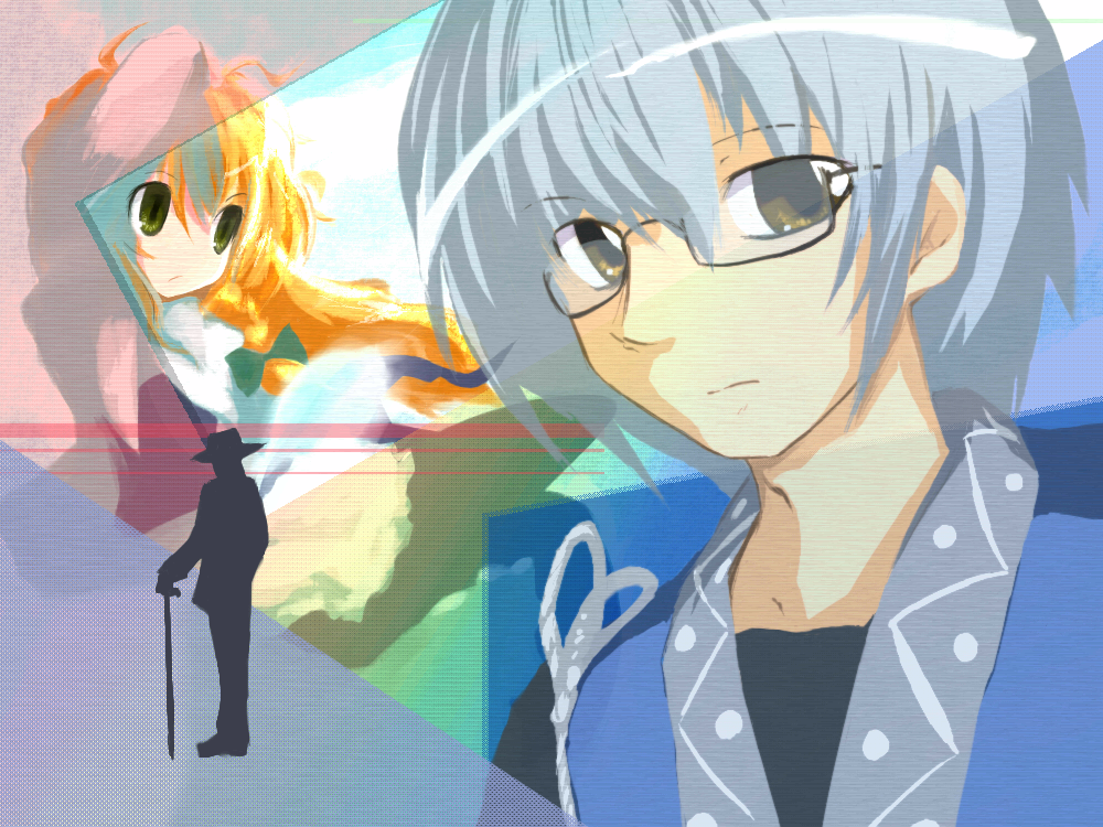 neki-t, kirisame marisa, morichika rinnosuke, touhou, 1boy, 2girls, blonde hair, braid, glasses, hat, multiple girls