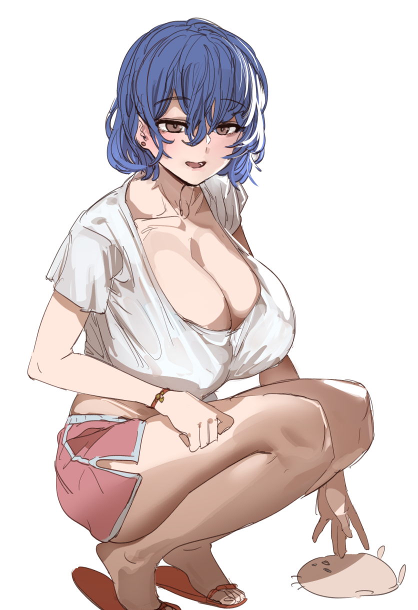 bow (bhp), character request, copyright request, highres, 1girl, blue hair, breasts, brown eyes, cleavage, collarbone, golden huge bear, hair between eyes, looking at viewer, open mouth, pink shorts, shirt, short hair, short shorts, short sleeves, shorts, simple background, smile, solo, squatting, t-shirt, tabi, toes, white background, white shirt
