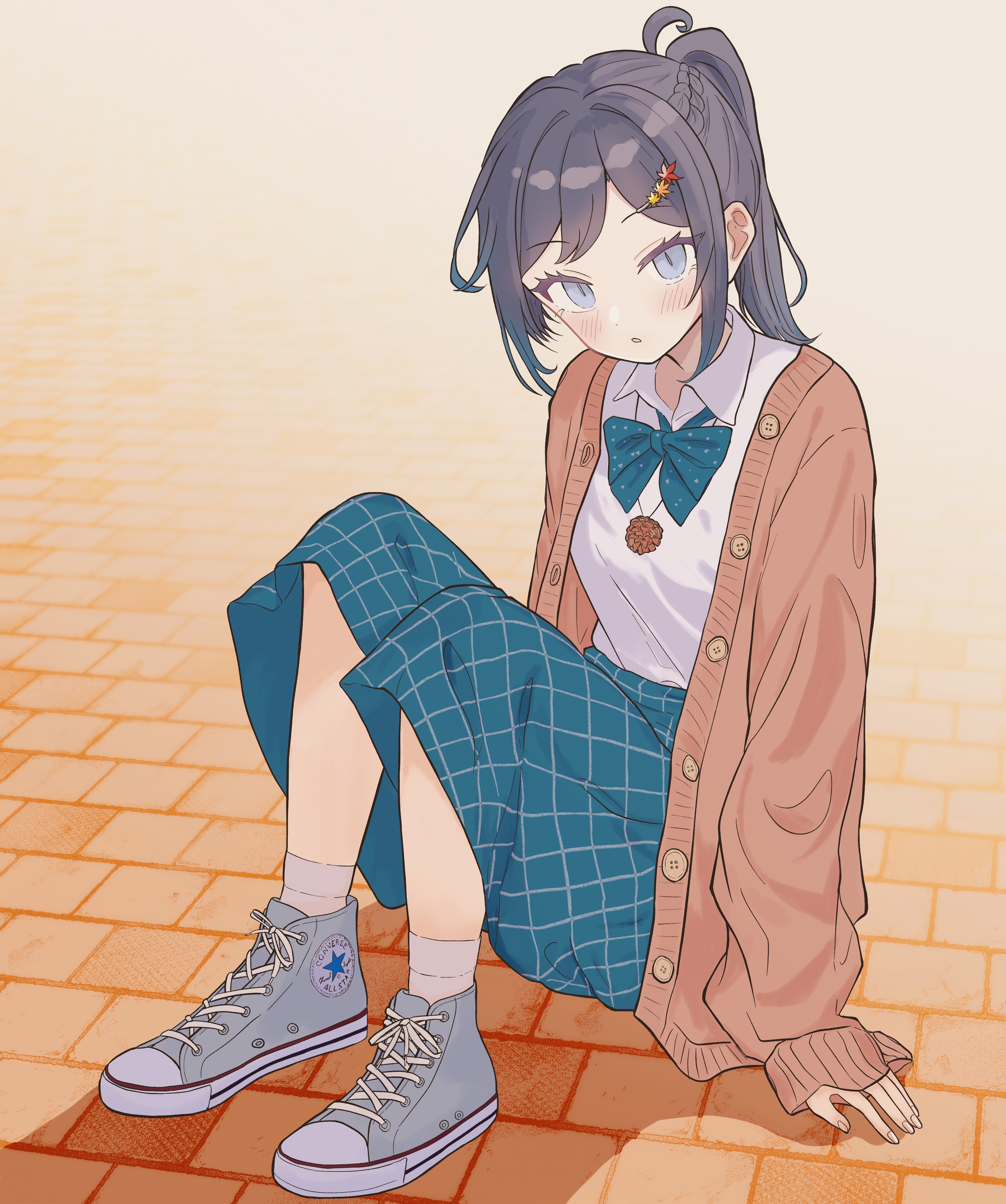 converse, original, absurdres, bad link, highres, 1girl, braid, cardigan, grey eyes, looking at viewer, on ground, ponytail, shoes, sneakers, socks