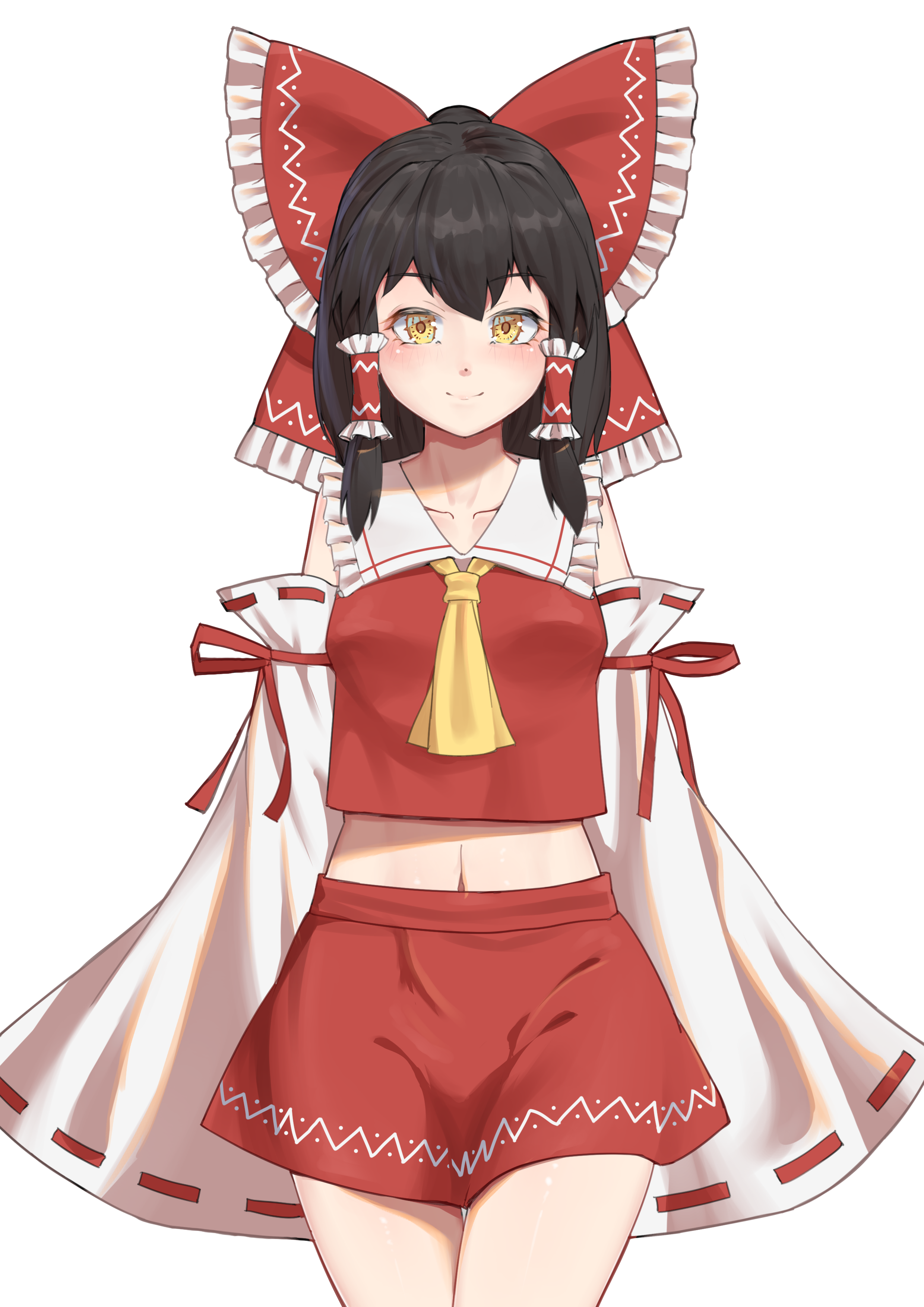 littiecy, hakurei reimu, touhou, absurdres, commentary request, highres, 1girl, ascot, black hair, blush, bow, breasts, closed mouth, collarbone, collared vest, cowboy shot, eyelashes, frilled bow, frills, hair bow, looking at viewer, medium hair, midriff, miniskirt, navel, red bow, red ribbon, red skirt, red vest, ribbon, ribbon-trimmed sleeves, ribbon trim, simple background, skirt, sleeves past fingers, sleeves past wrists, small breasts, smile, solo, straight-on, two-tone bow, vest, white background, white bow, white sleeves, wide sleeves, yellow ascot, yellow eyes