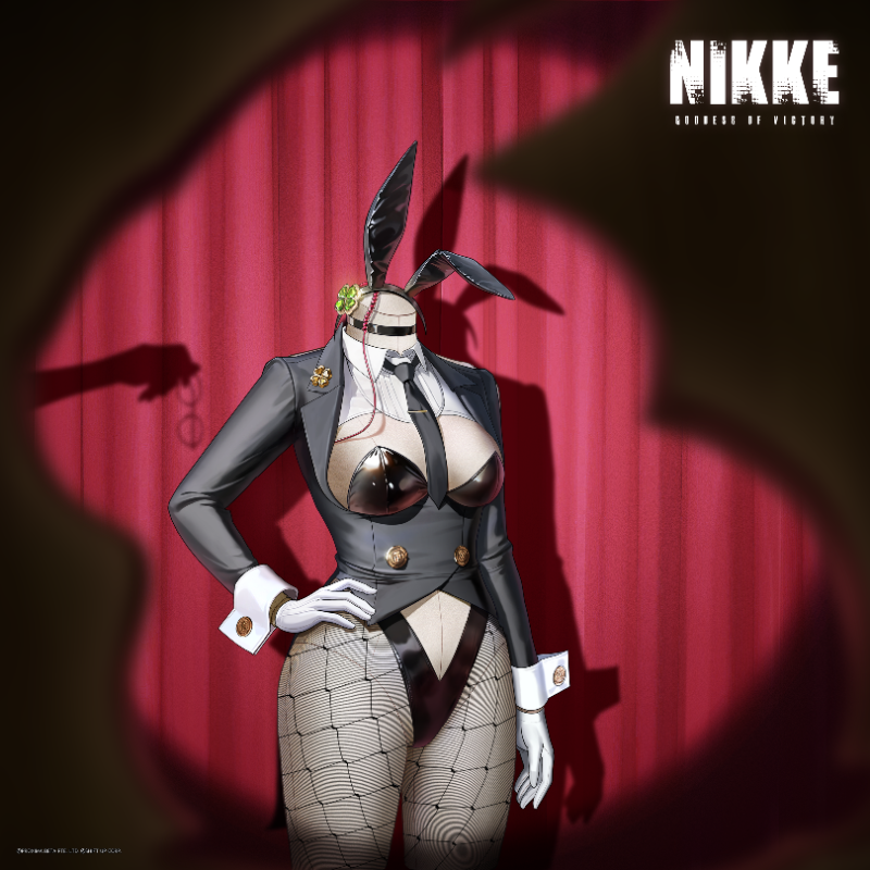 goddess of victory: nikke, character request, official art, animal ears, black jacket, black necktie, blurry, blurry foreground, breasts, choker, clothing cutout, collared shirt, copyright name, cup, curtains, fishnet pantyhose, fishnets, gloves, highleg, highleg leotard, holding, holding cup, jacket, leotard, long sleeves, mannequin, necktie, pantyhose, playboy bunny, rabbit ears, shadow, shirt, white gloves