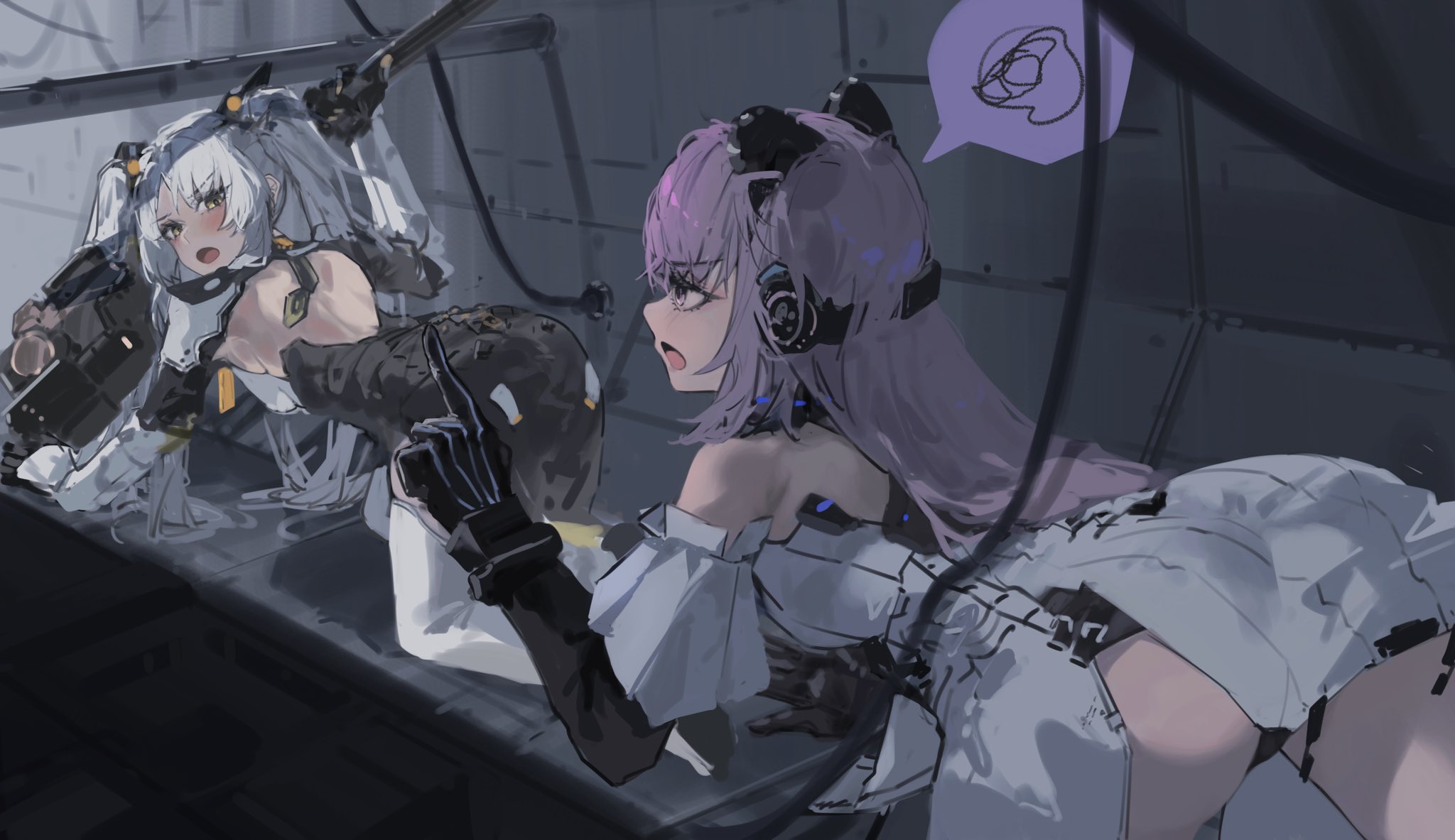 ian46166491, karenina: scire (pgr), karenina (pgr), teddy: decryptor (pgr), teddy (pgr), punishing: gray raven, commentary request, highres, 2girls, animal ears, backless bodysuit, bear ears, black bodysuit, bodysuit, coat, fake animal ears, grey hair, hammer, headgear, headphones, holding, holding hammer, holding weapon, huge weapon, long hair, mechabare, mechanical arms, mechanical ears, multiple girls, open mouth, orange eyes, pink hair, sidelocks, spoken squiggle, squiggle, twintails, two-tone bodysuit, weapon, white bodysuit, white coat, white hair