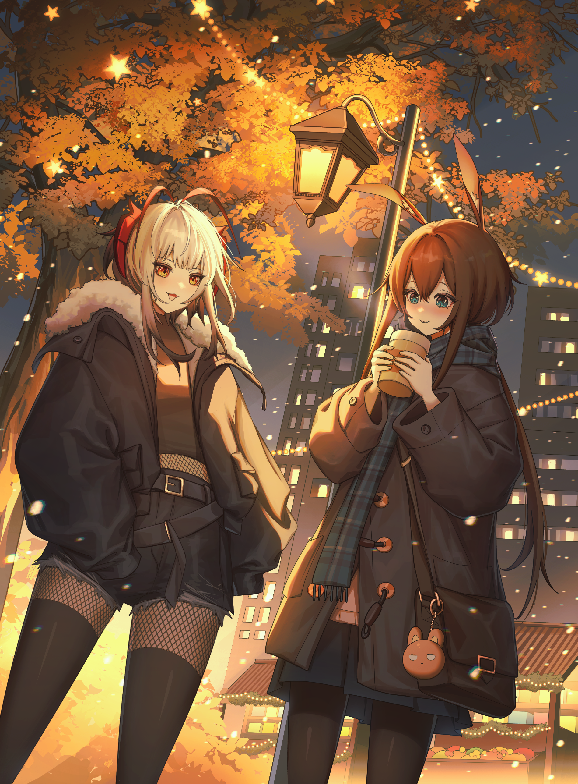 ev-oo, amiya (arknights), w (arknights), arknights, absurdres, highres, 2girls, :3, :o, animal ears, bag, blonde hair, blue eyes, building, bush, fishnet pantyhose, fishnets, handbag, holding, horns, lamppost, long hair, miniskirt, multiple girls, night, night sky, pantyhose, rabbit ears, red eyes, red horns, short hair, shorts, skirt, sky, smile, star (sky), thorns, white hair, yellow eyes, yellow leaves