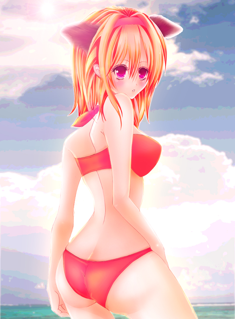 nonoko, yuuka nonoko, original, 1girl, animal ears, bikini, blonde hair, cat ears, female focus, red bikini, red eyes, solo, swimsuit
