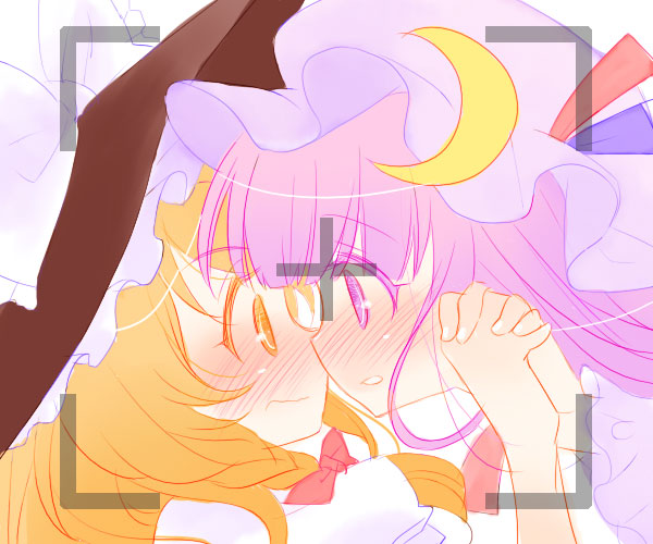 maitou, kirisame marisa, patchouli knowledge, touhou, 2girls, blonde hair, blush, bow, braid, crescent, eye contact, face-to-face, female focus, hair bow, hat, hat bow, holding hands, interlocked fingers, looking at another, mob cap, multiple girls, purple eyes, viewfinder, witch hat, yellow eyes, yuri