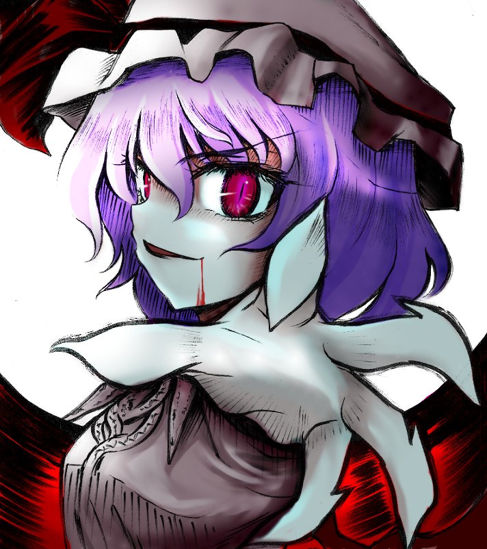 uousa-ou, remilia scarlet, touhou, bad id, bad pixiv id, 1girl, blood, cellphone, claws, crazy eyes, dress, female focus, frills, looking at viewer, outstretched arms, phone, pink dress, pink eyes, purple hair, short hair, simple background, solo, upper body, white background